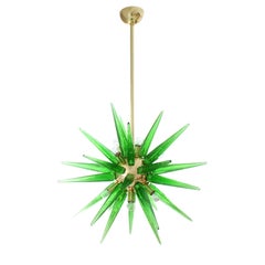 Lampada in stile Sputnik in vetro di Murano verde e ottone, Italia, 1970