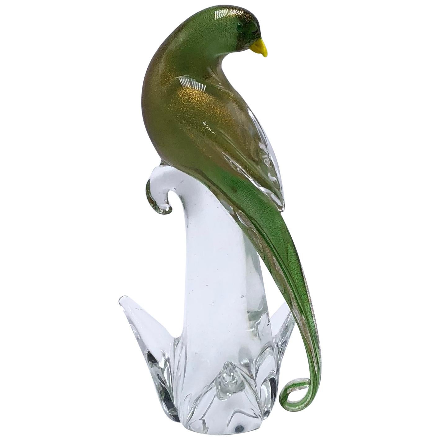Green Murano Glass Bird with Gold Flecks, circa 1960
