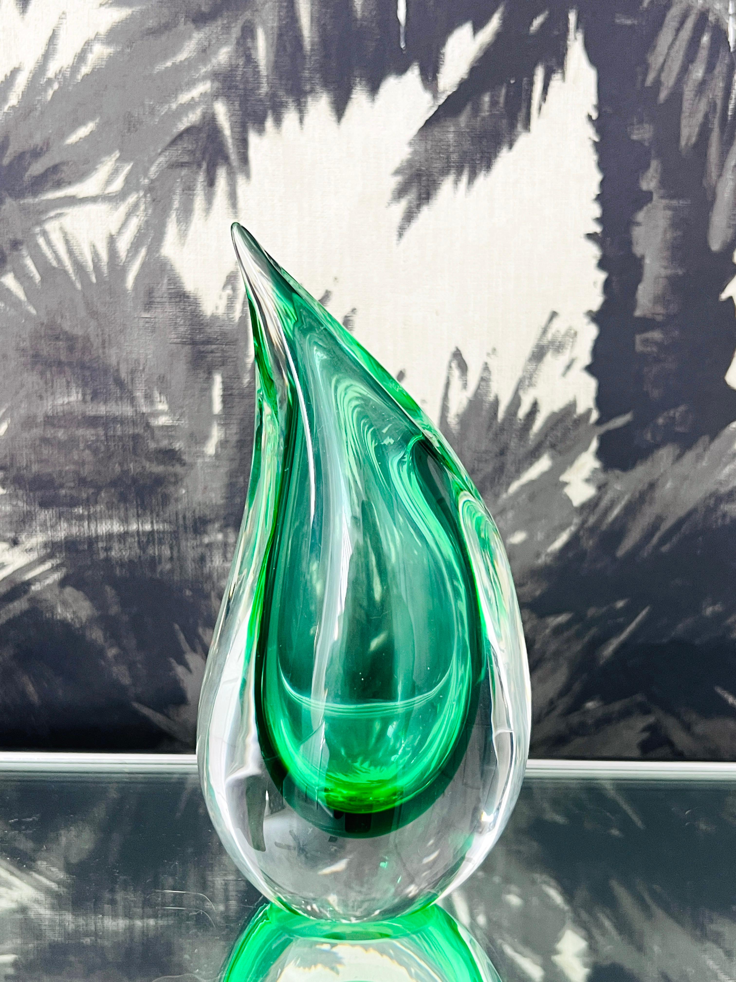 Italian Green Murano Glass Bud Vase with Flame Tip Design by Luigi Onesto, 1970's Signed
