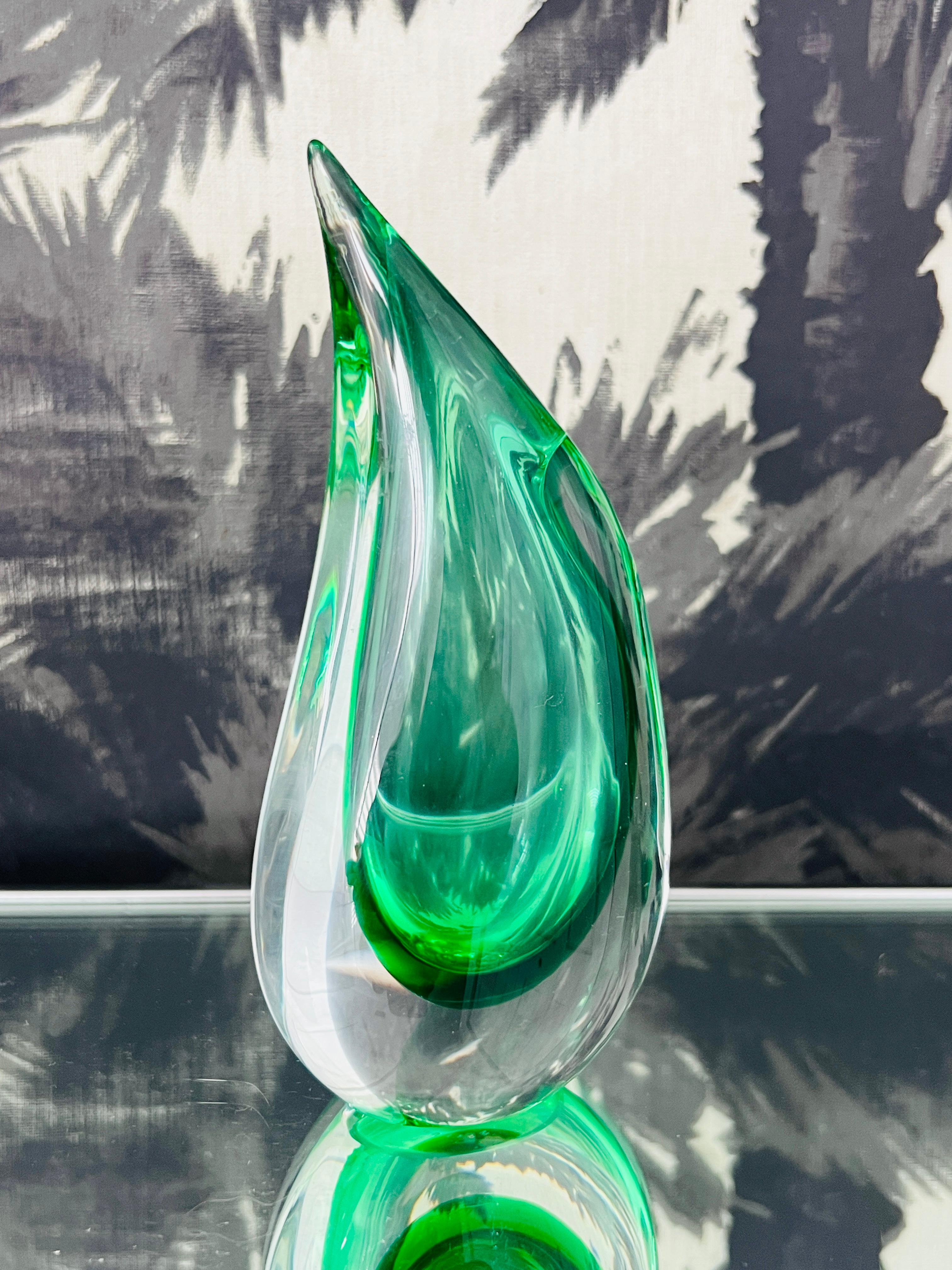 Hand-Crafted Green Murano Glass Bud Vase with Flame Tip Design by Luigi Onesto, 1970's Signed