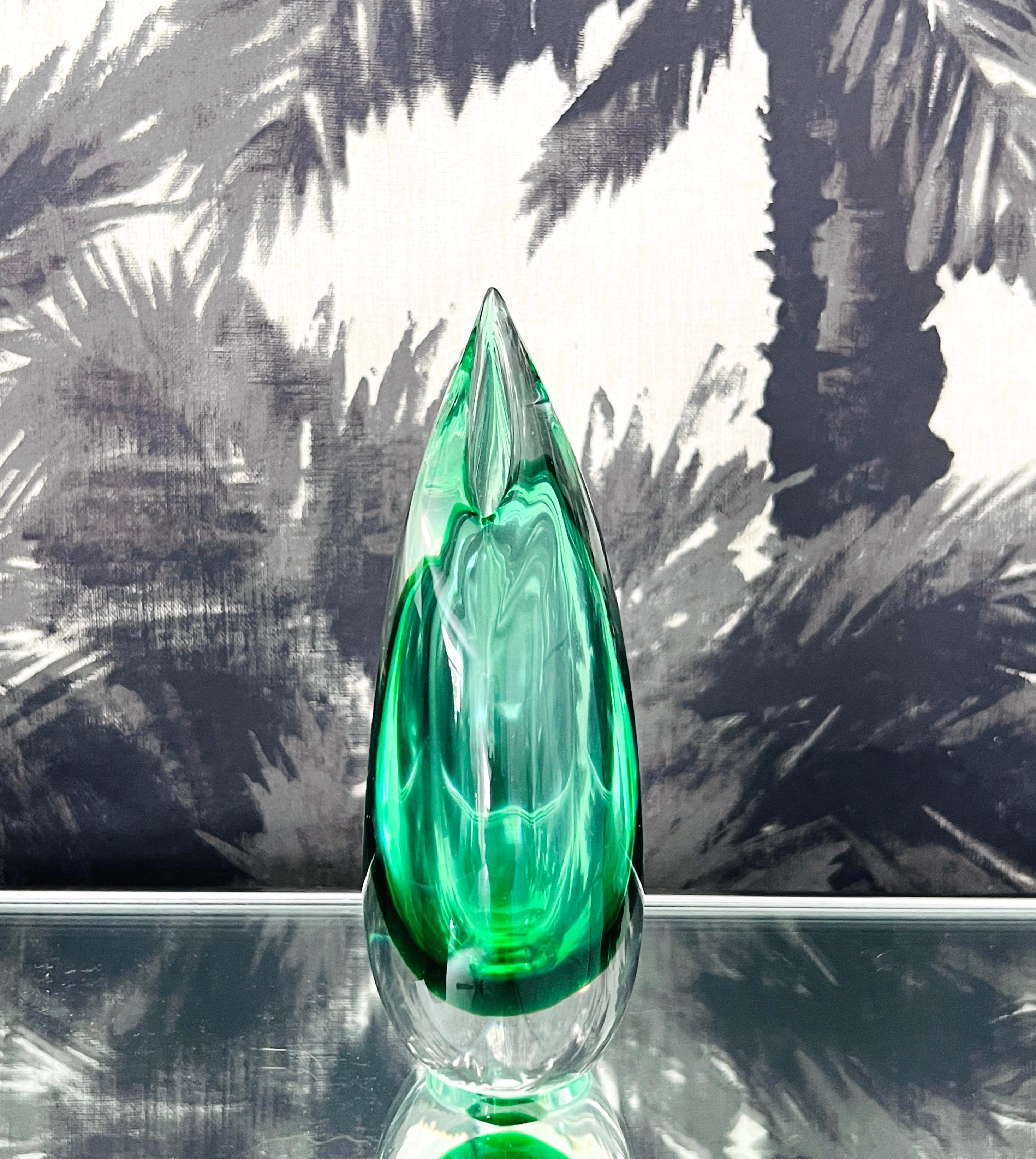 Blown Glass Green Murano Glass Bud Vase with Flame Tip Design by Luigi Onesto, 1970's Signed