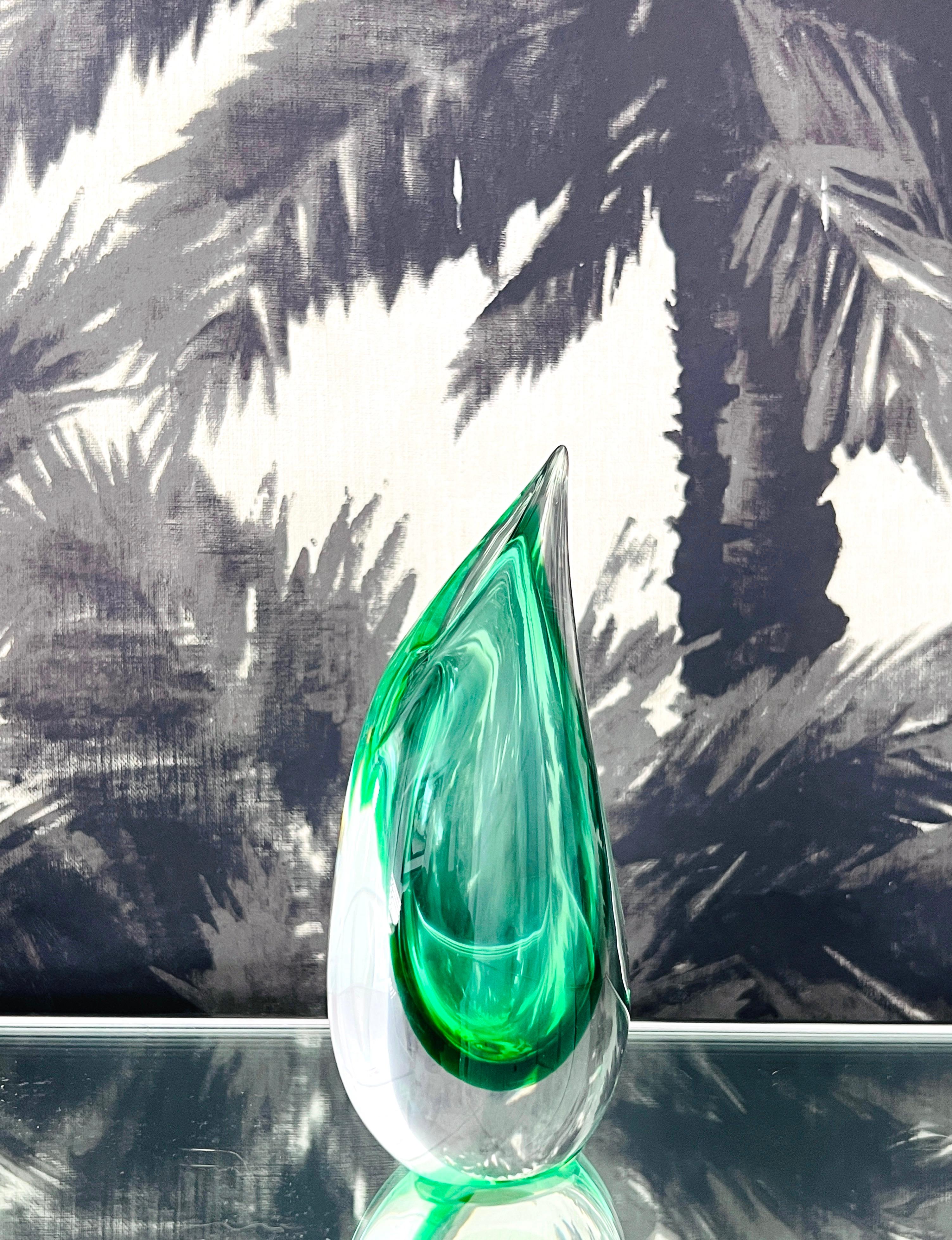 Green Murano Glass Bud Vase with Flame Tip Design by Luigi Onesto, 1970's Signed 1