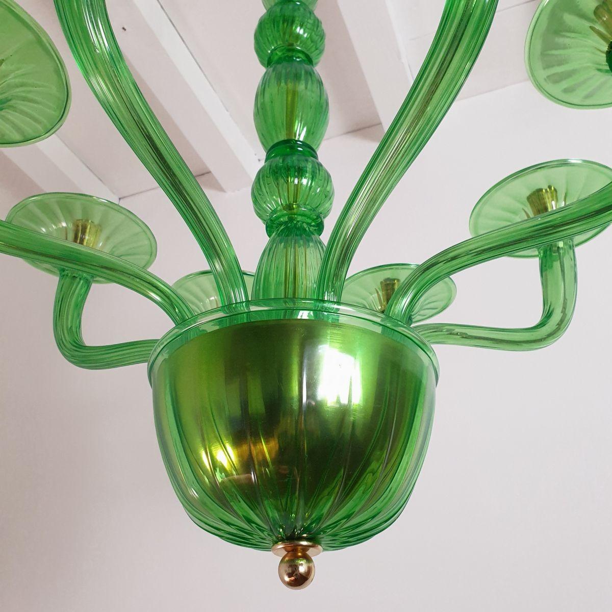 Gold Plate Green Murano glass chandelier, Mid Century Modern For Sale
