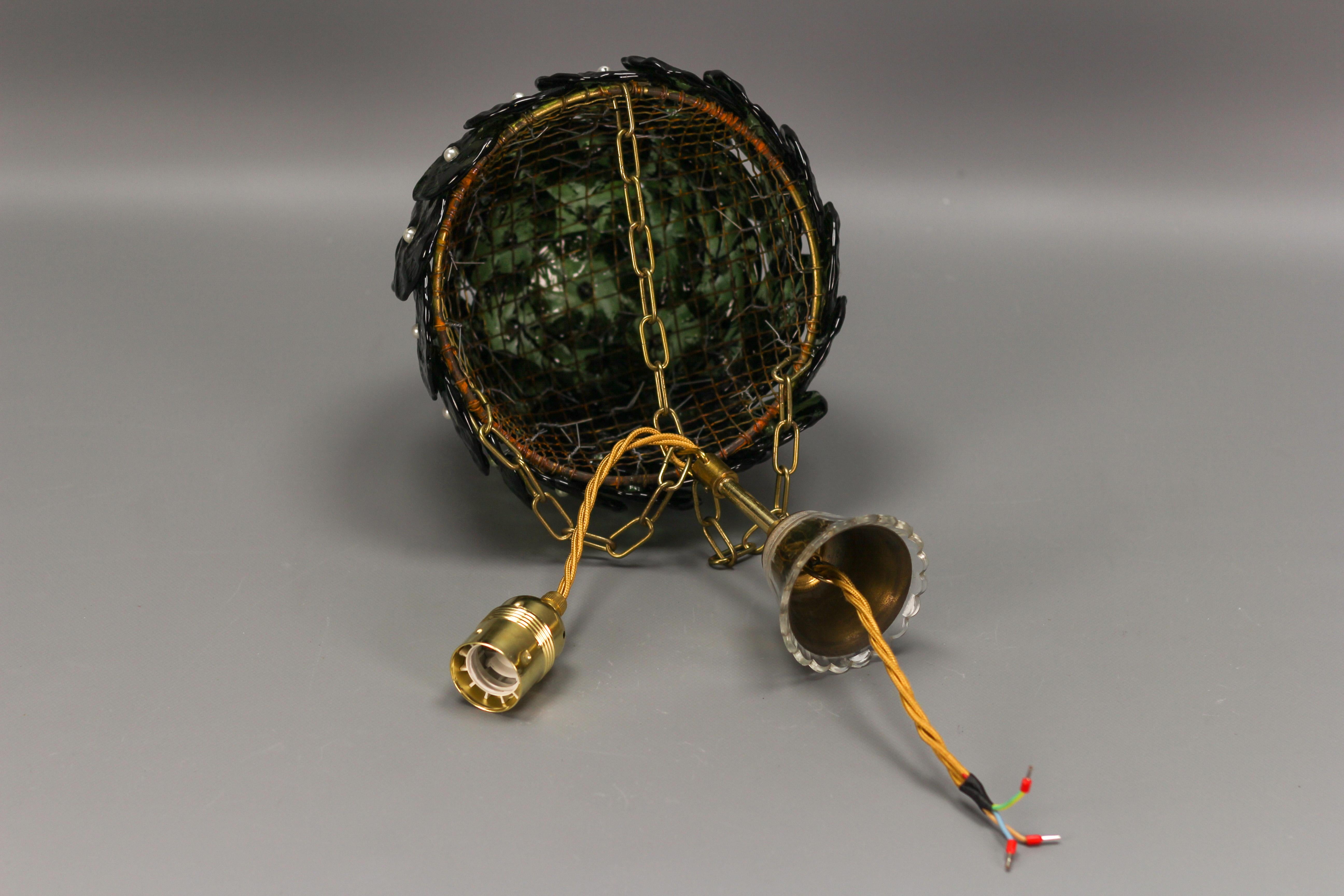 Green Murano Glass Flowers and Brass Pendant Light  7