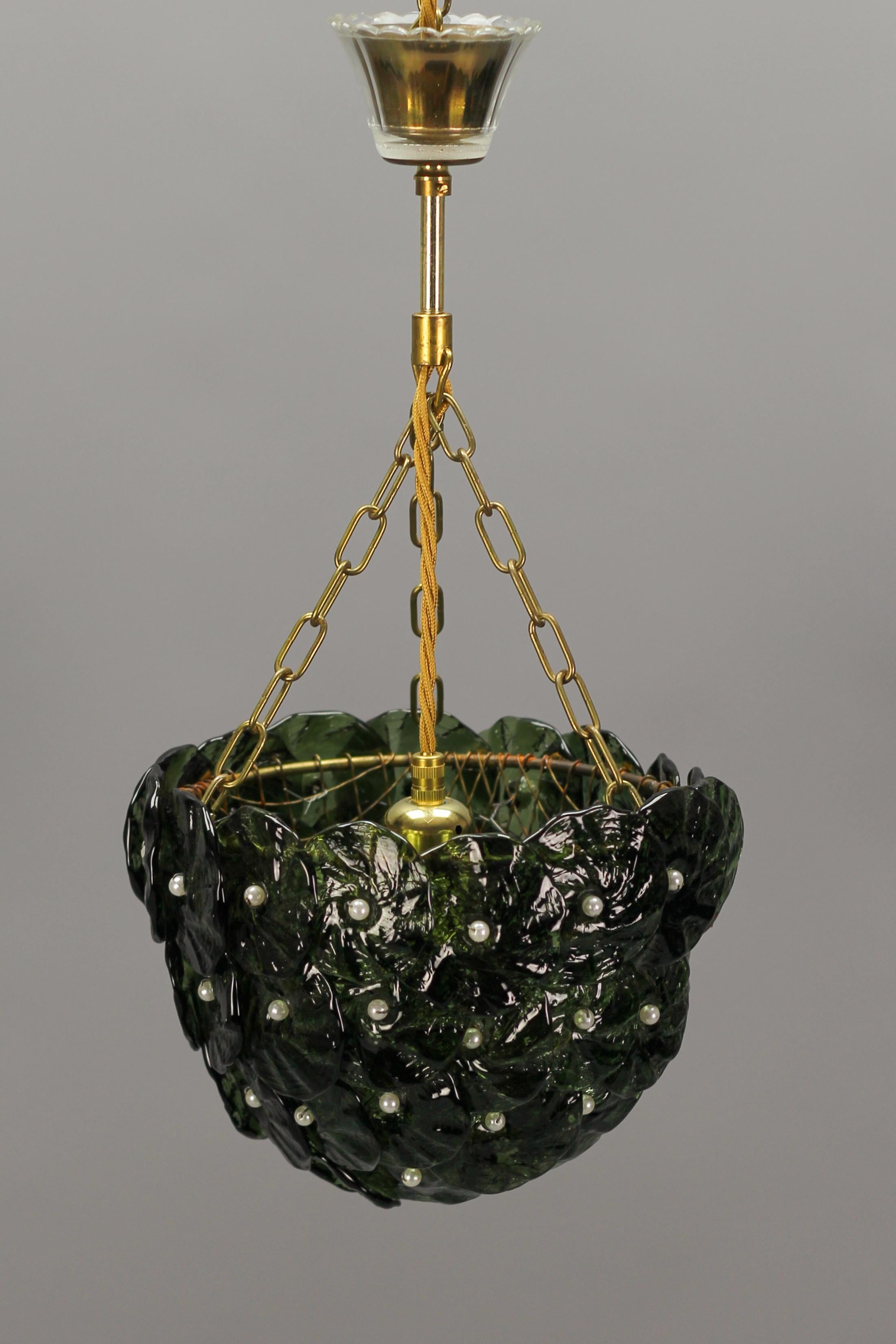 Green Murano Glass Flowers and Brass Pendant Light  9
