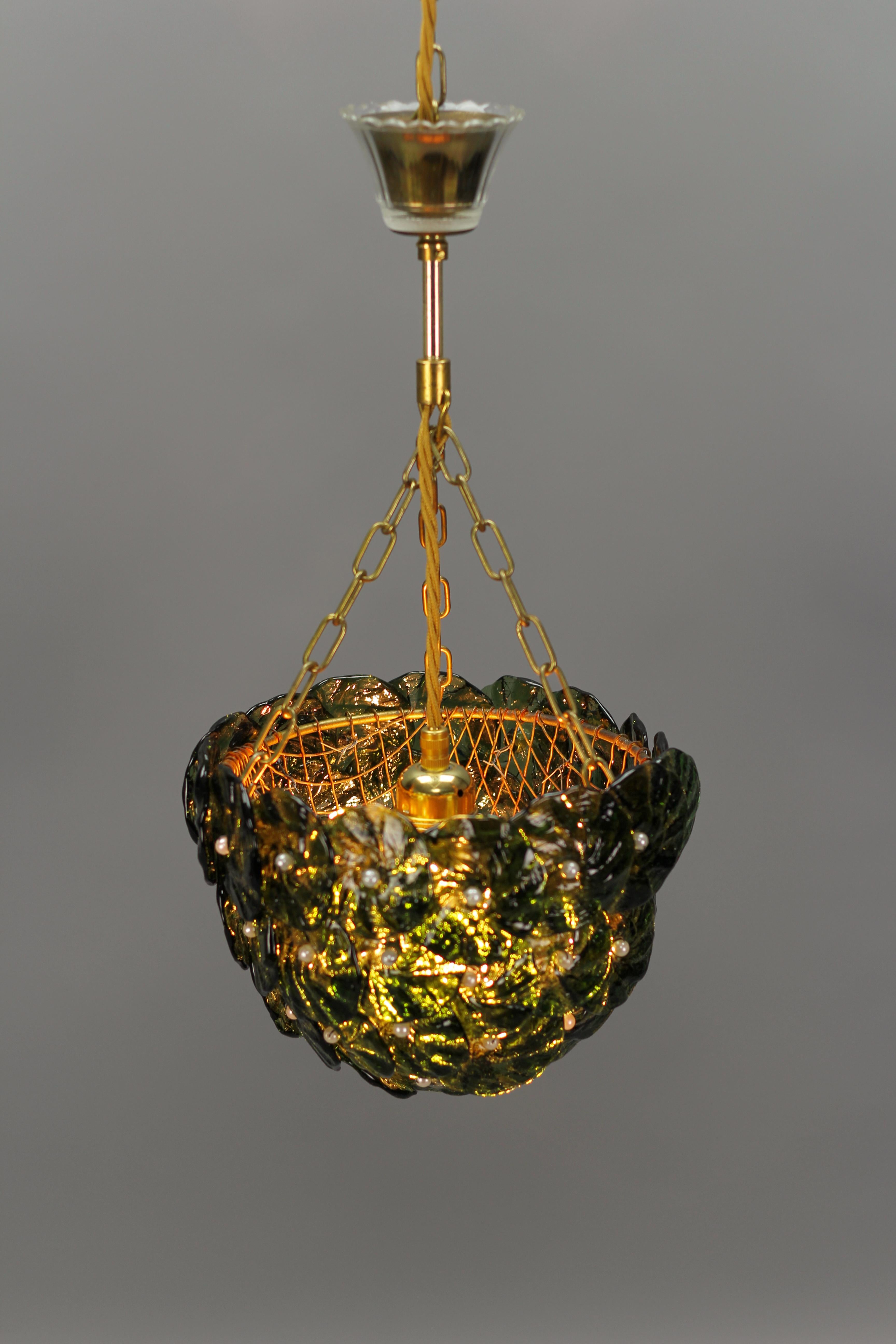 Green Murano Glass Flowers and Brass Pendant Light  10