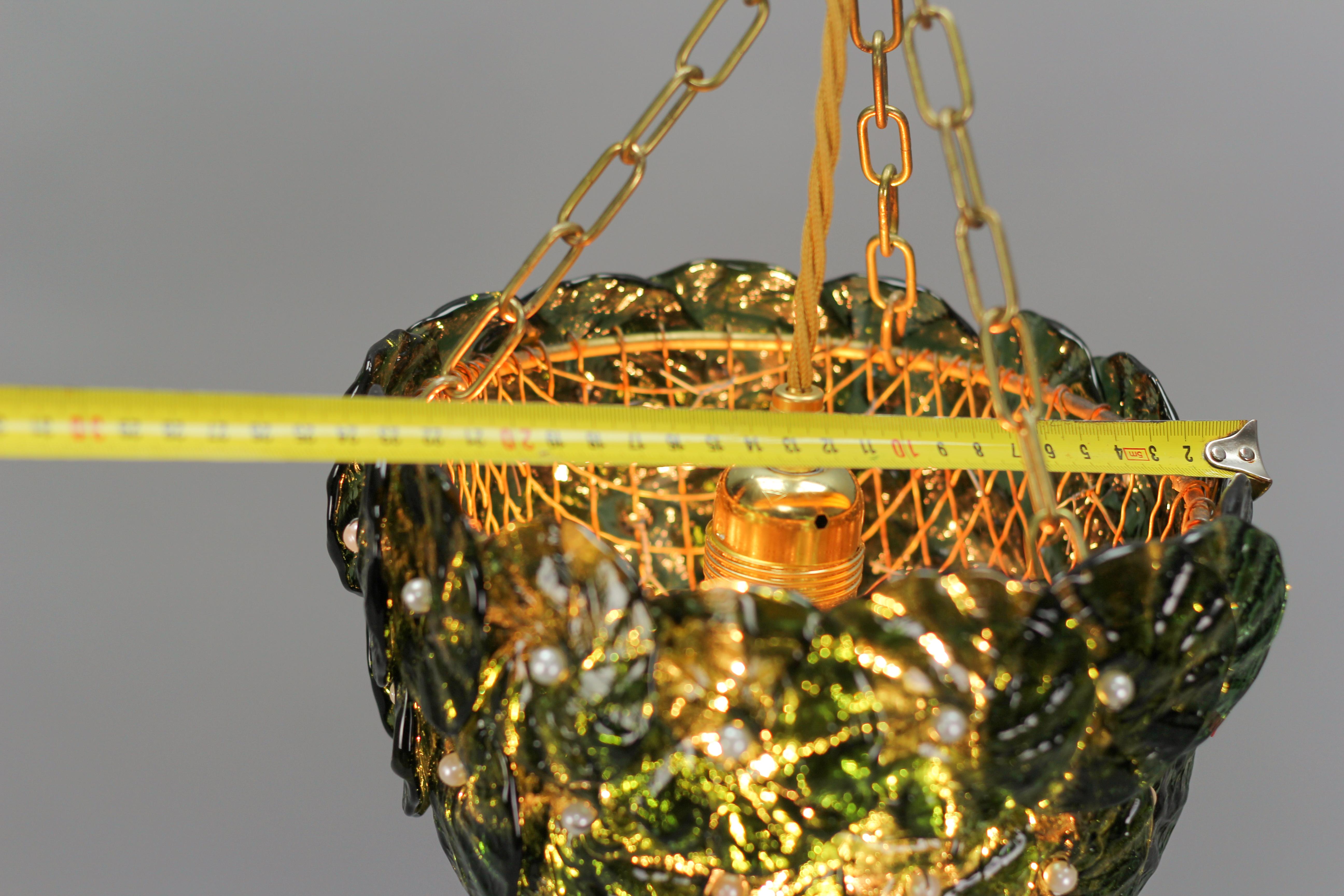 Green Murano Glass Flowers and Brass Pendant Light  11