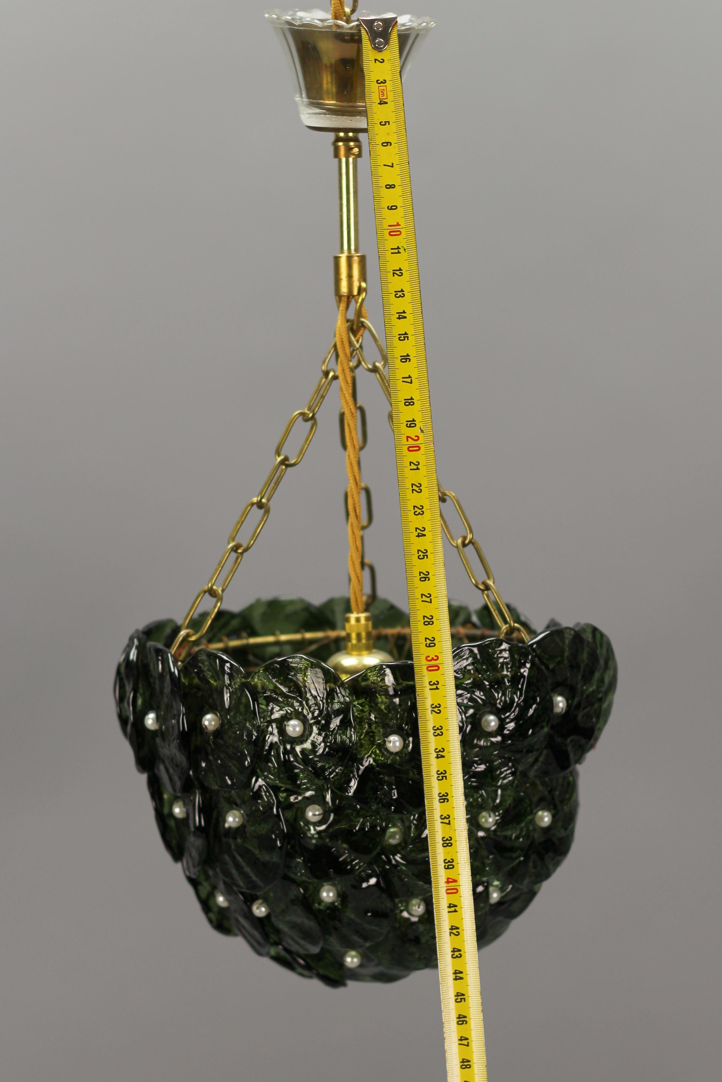 Green Murano Glass Flowers and Brass Pendant Light  12
