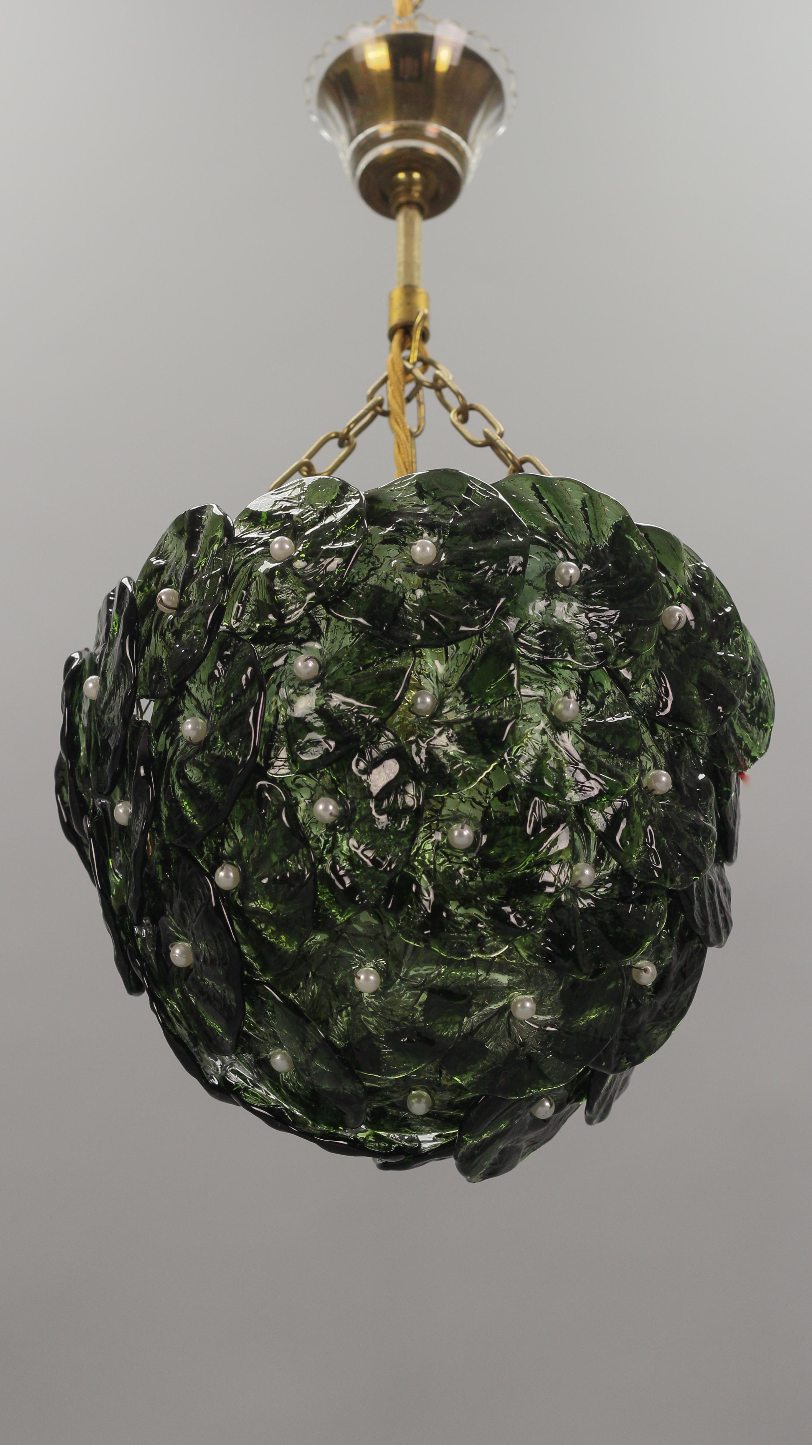 Mid-Century Modern Green Murano Glass Flowers and Brass Pendant Light 