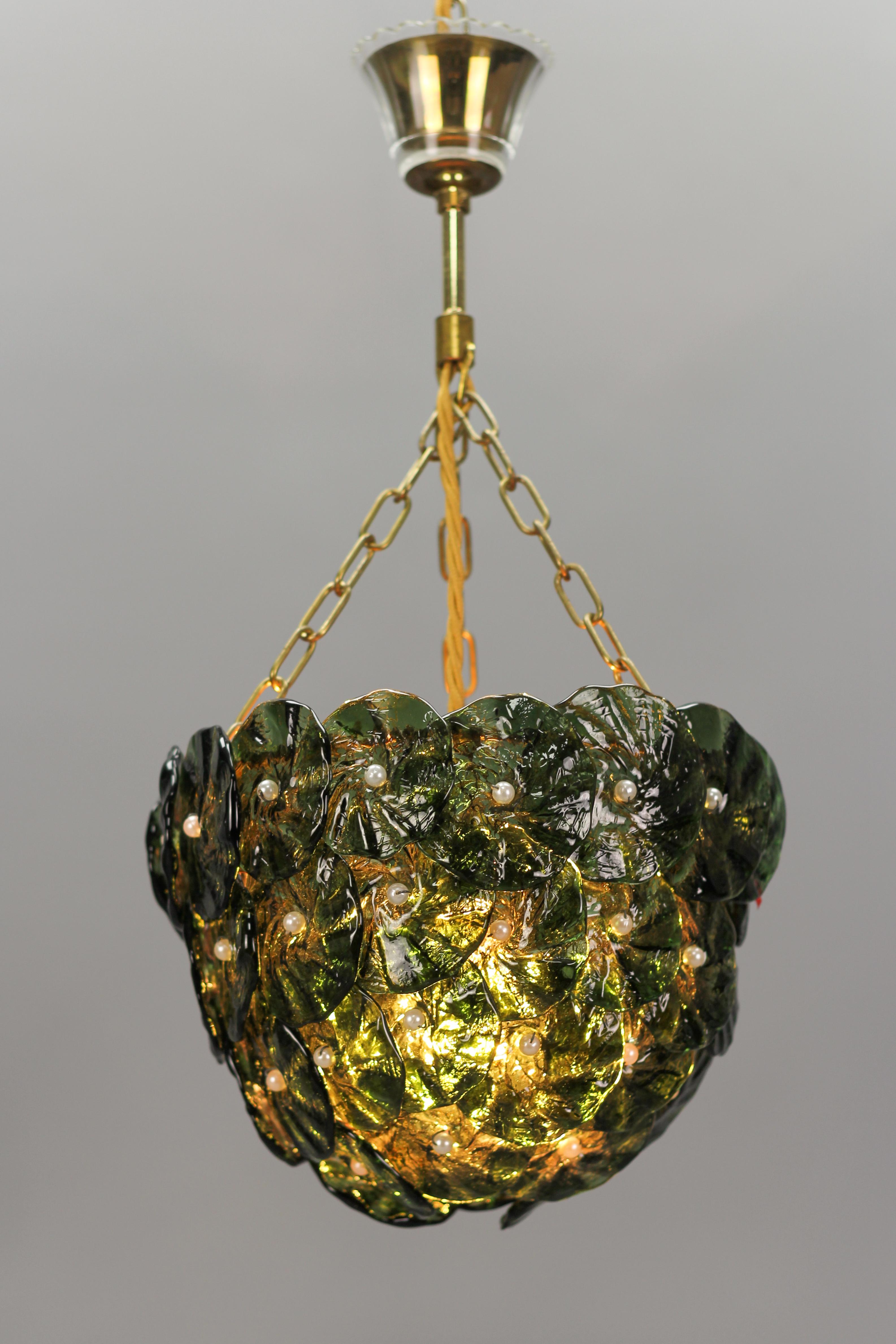 Italian Green Murano Glass Flowers and Brass Pendant Light 