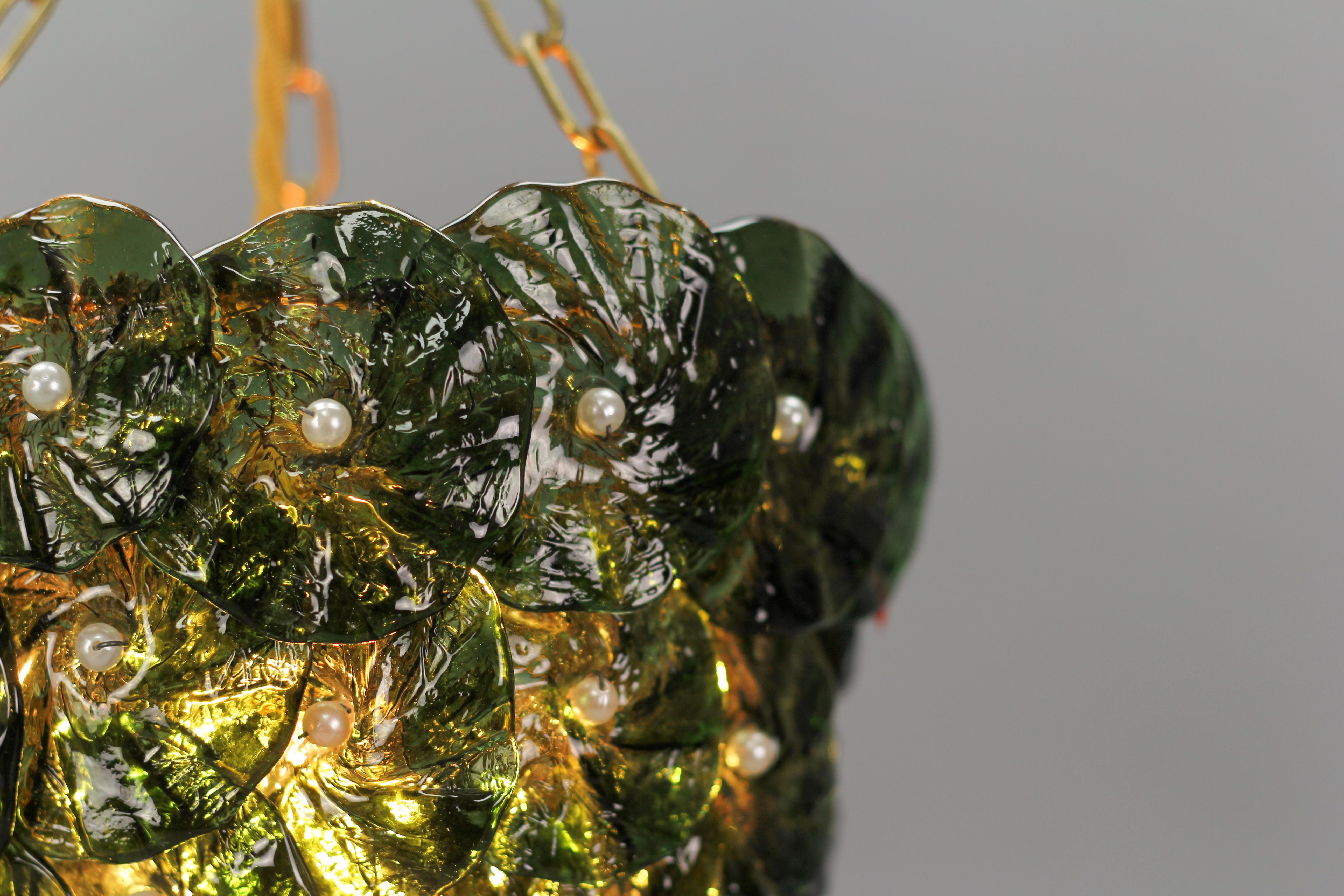 Mid-20th Century Green Murano Glass Flowers and Brass Pendant Light 