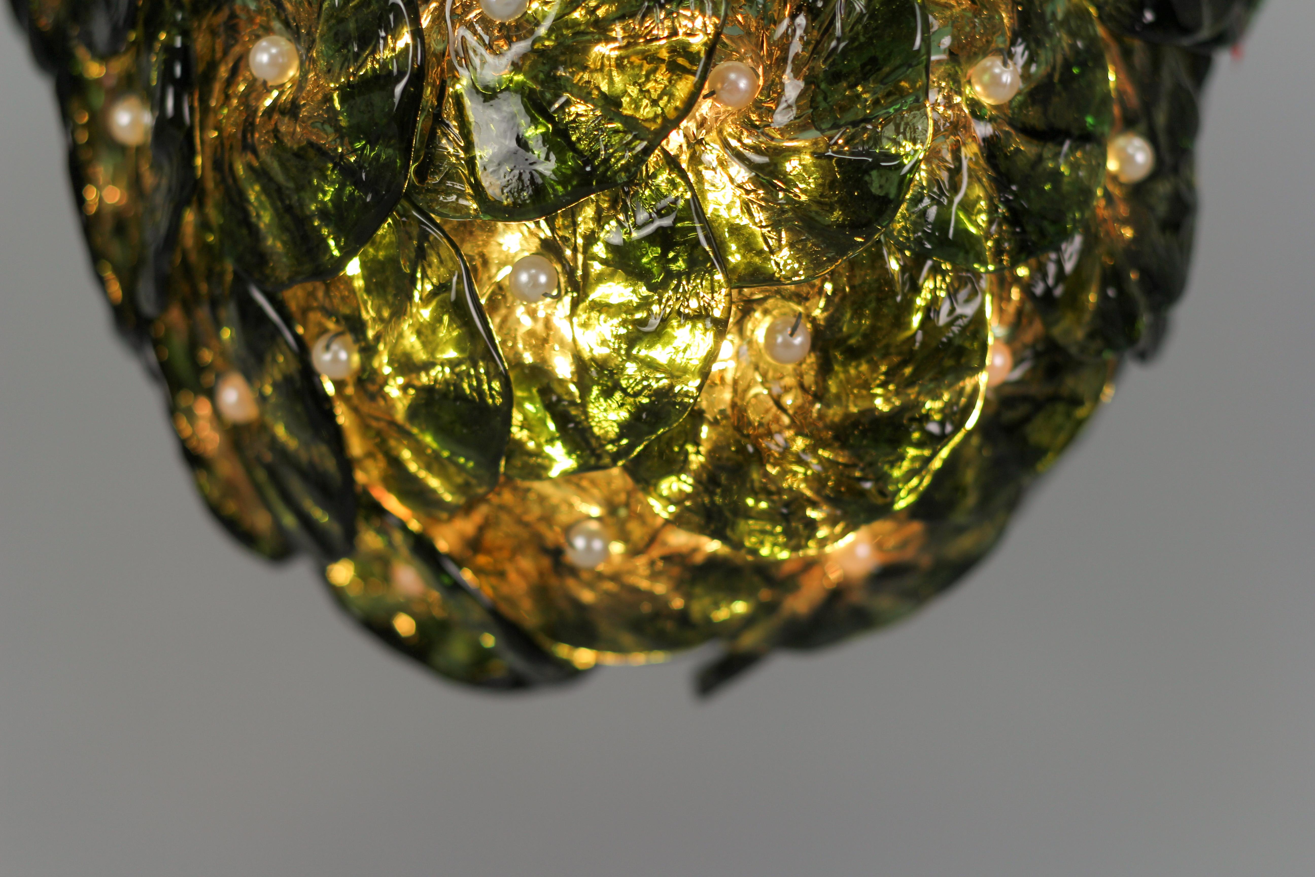 Metal Green Murano Glass Flowers and Brass Pendant Light 