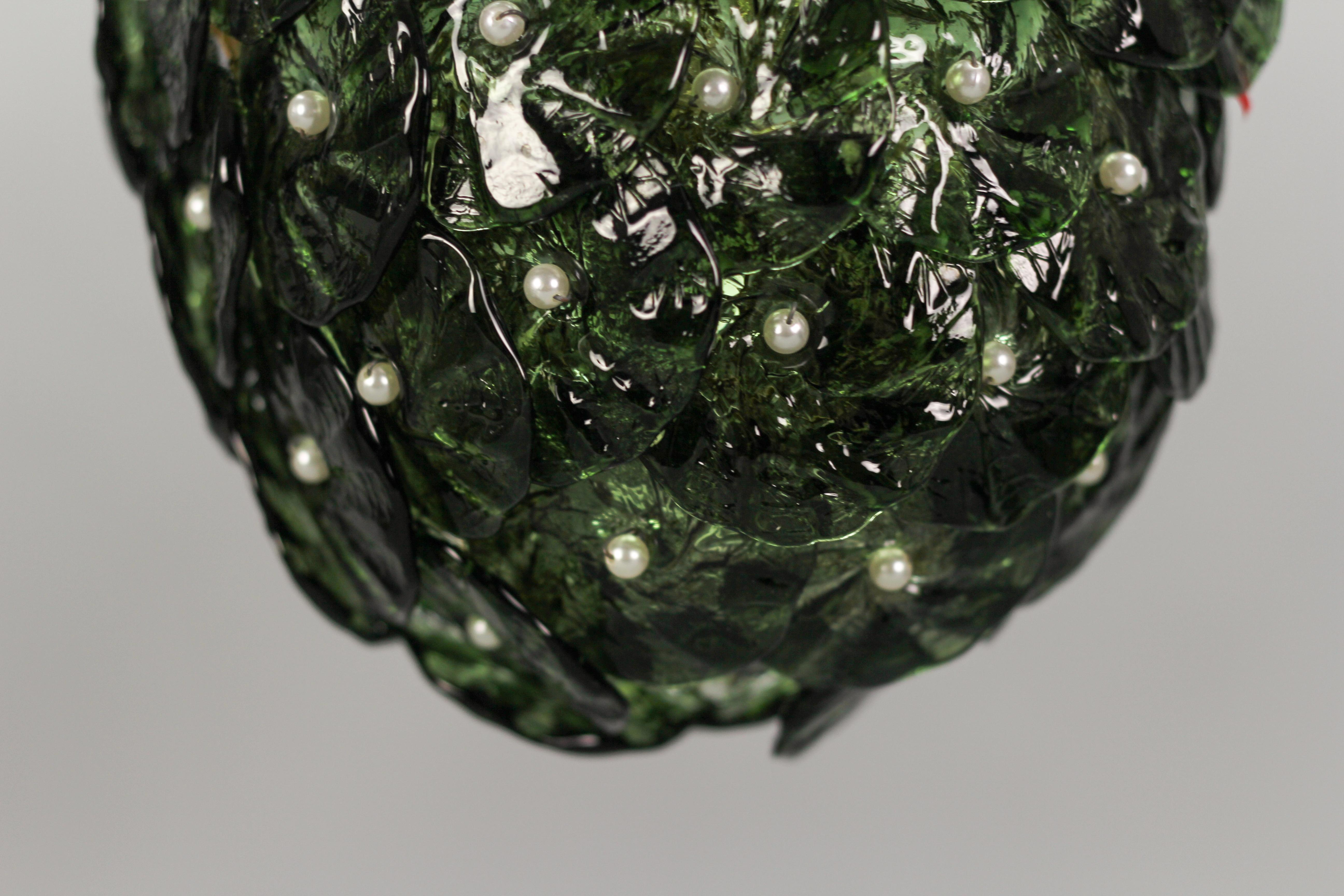 Green Murano Glass Flowers and Brass Pendant Light  1
