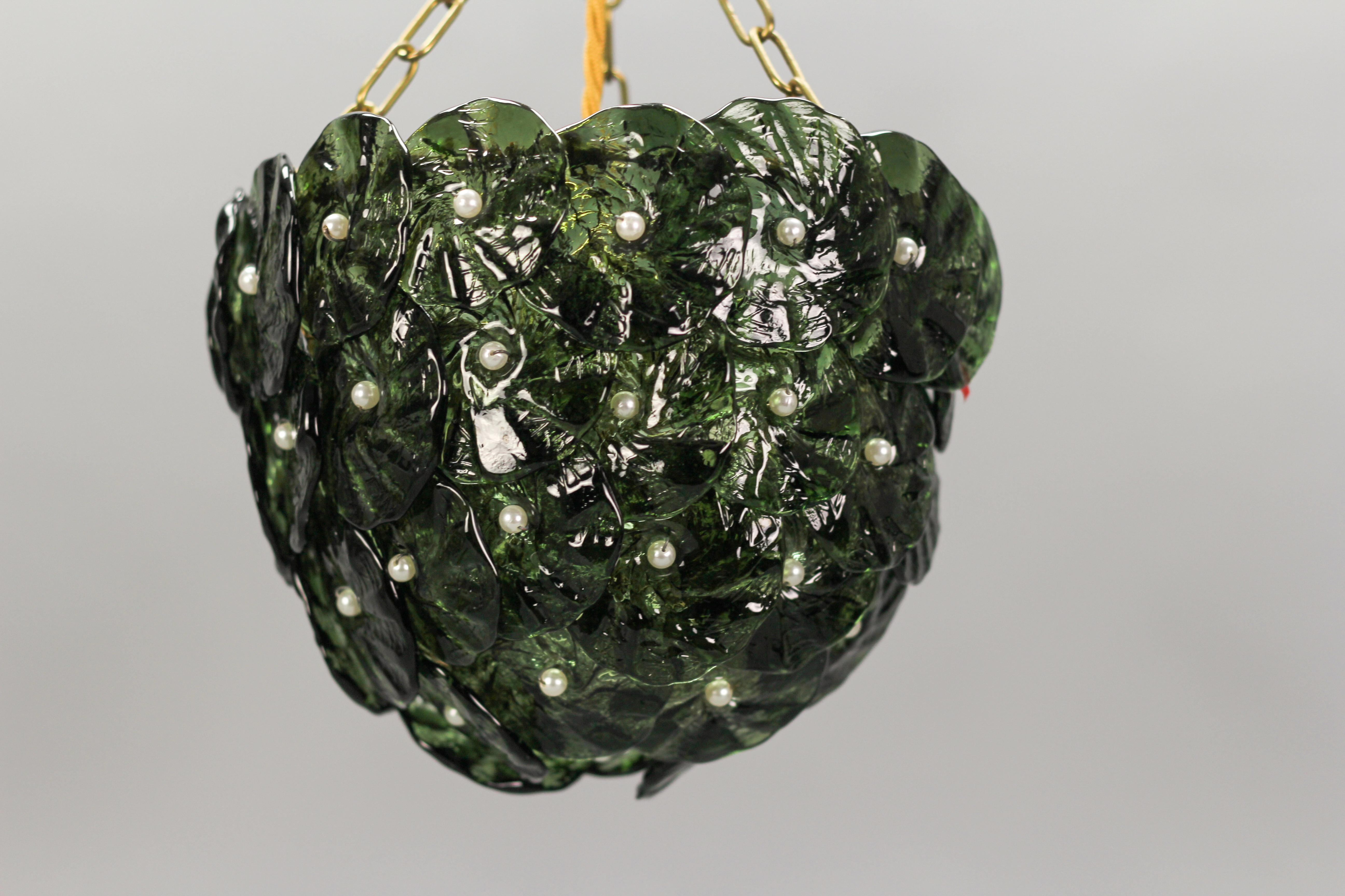 Green Murano Glass Flowers and Brass Pendant Light  2