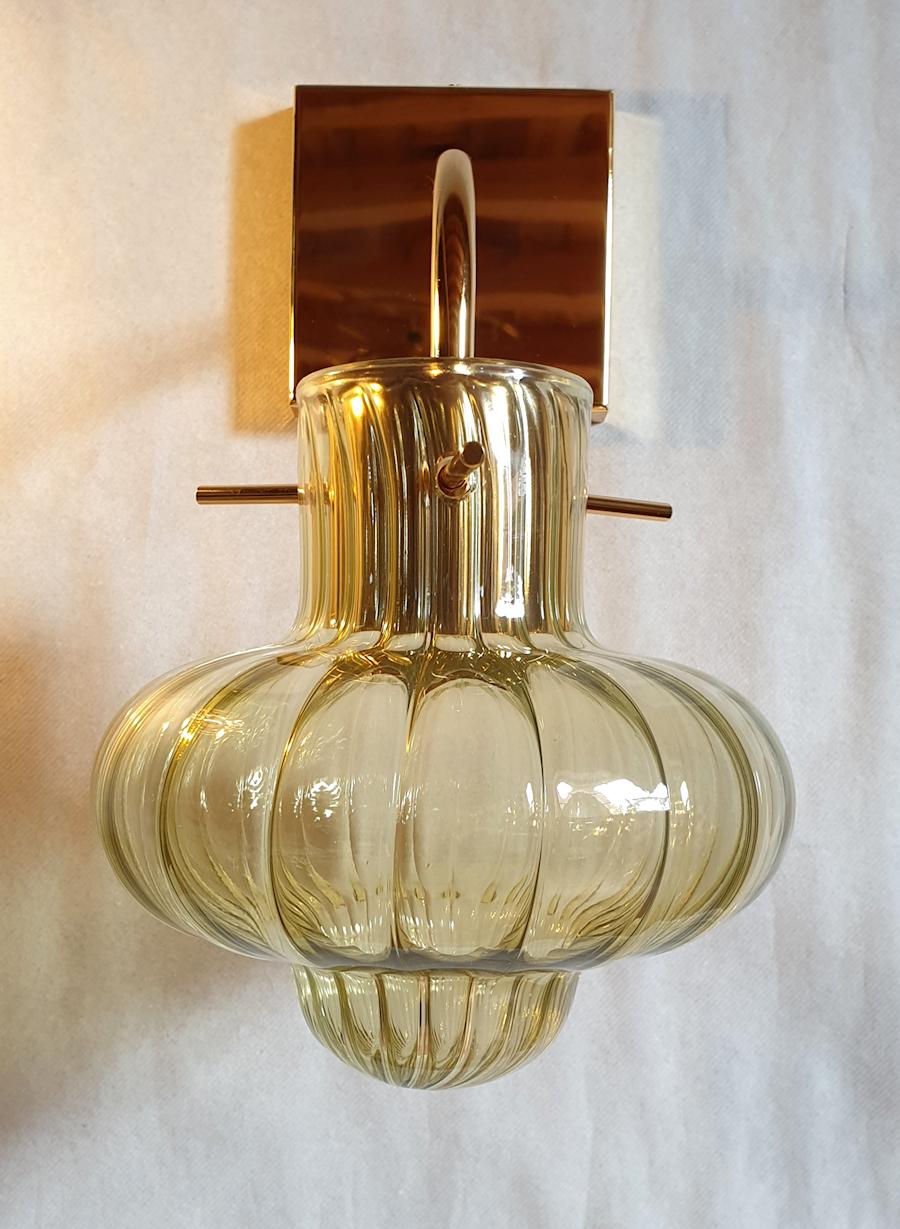 Italian Green Murano Glass & Gold Plated Pair Sconces, Mazzega Style Vintage Italy 1980s