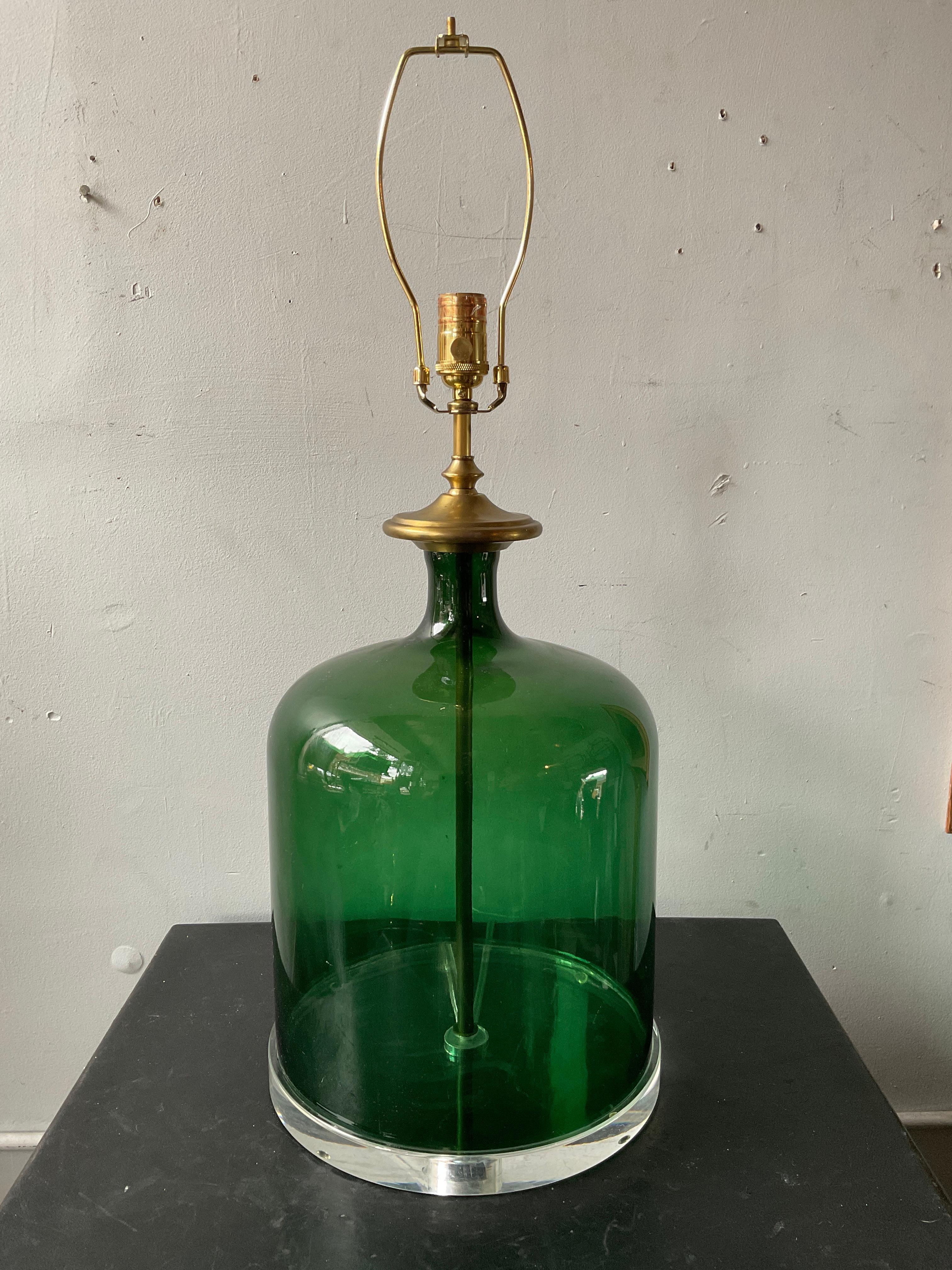 2010 Green glass on lucite base lamp. Has original wiring, needs rewiring. Has a few spots where the glass is cloudy as shown in the last 2 pictures.
Height is to top of socket.