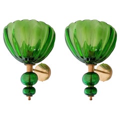Grünes Murano-Glas Mid Century Wandleuchten - ein Paar