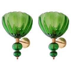 Apliques Mid Century de cristal de Murano verde - un par