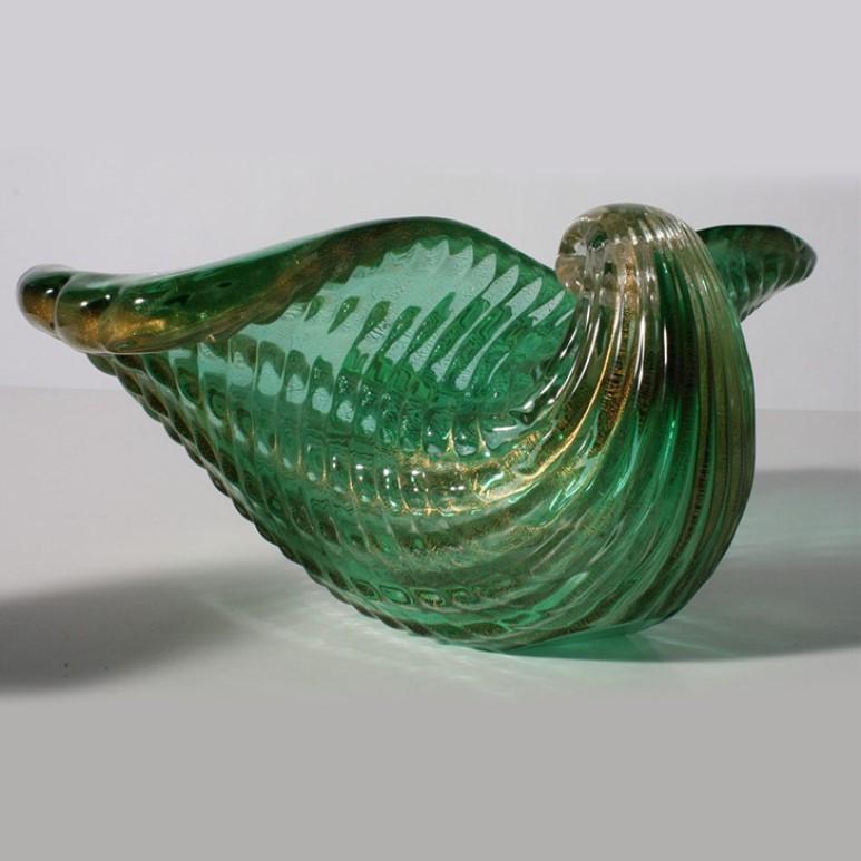 Green Murano Glass Shell Bowl, circa 1950 In Excellent Condition In Dallas, TX