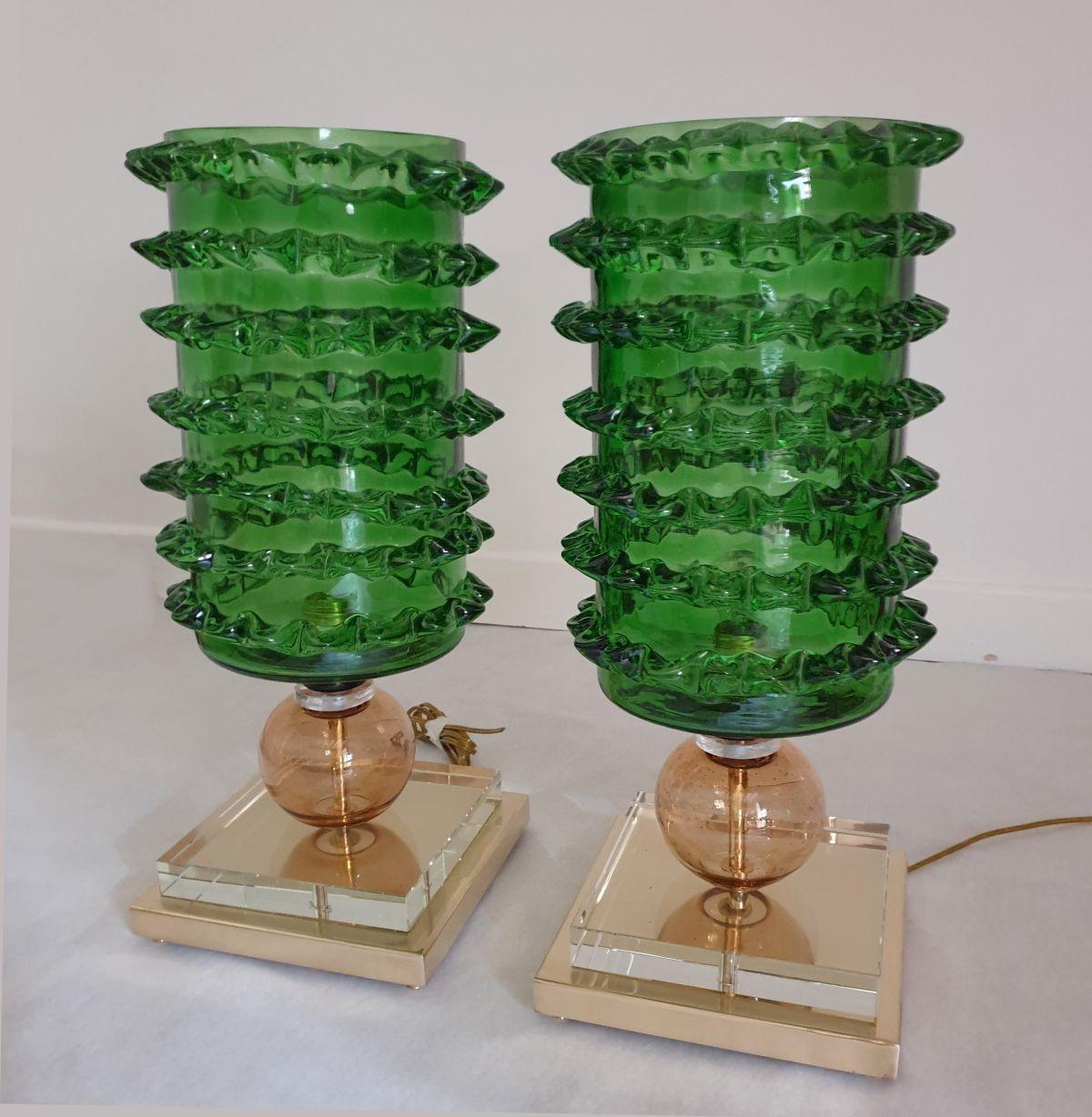 Mid-Century Modern Green Murano glass table lamps - a pair For Sale