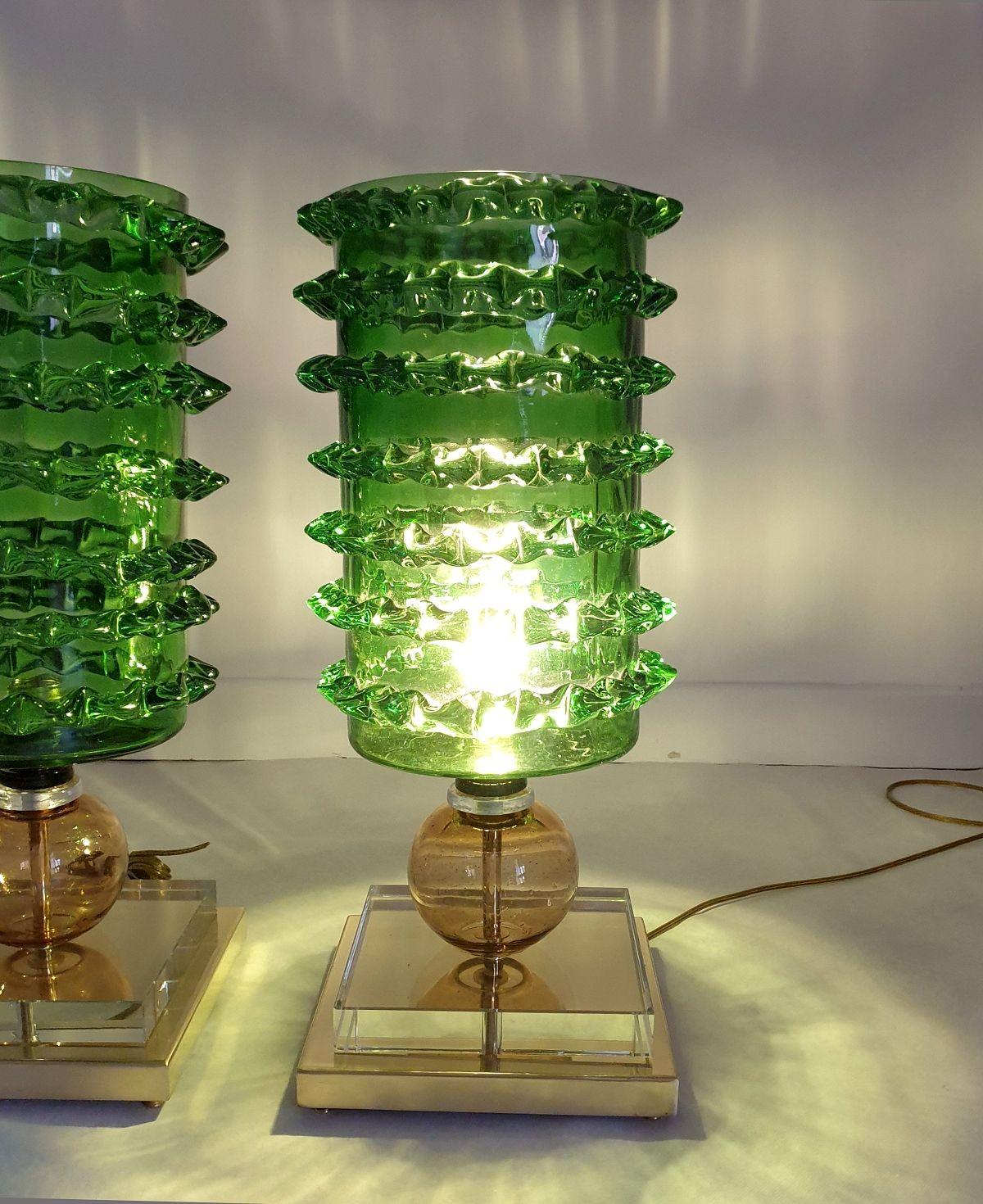 Italian Green Murano glass table lamps - a pair For Sale