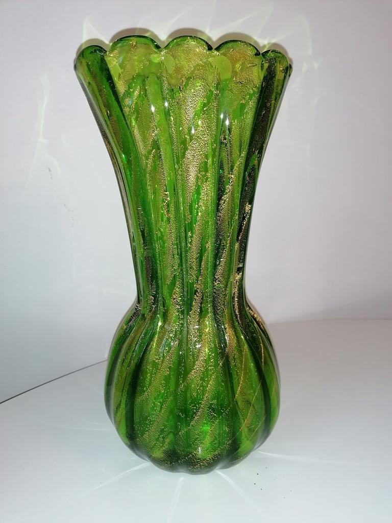 Hand blown midcentury Murano green/gold vase from 1960s.