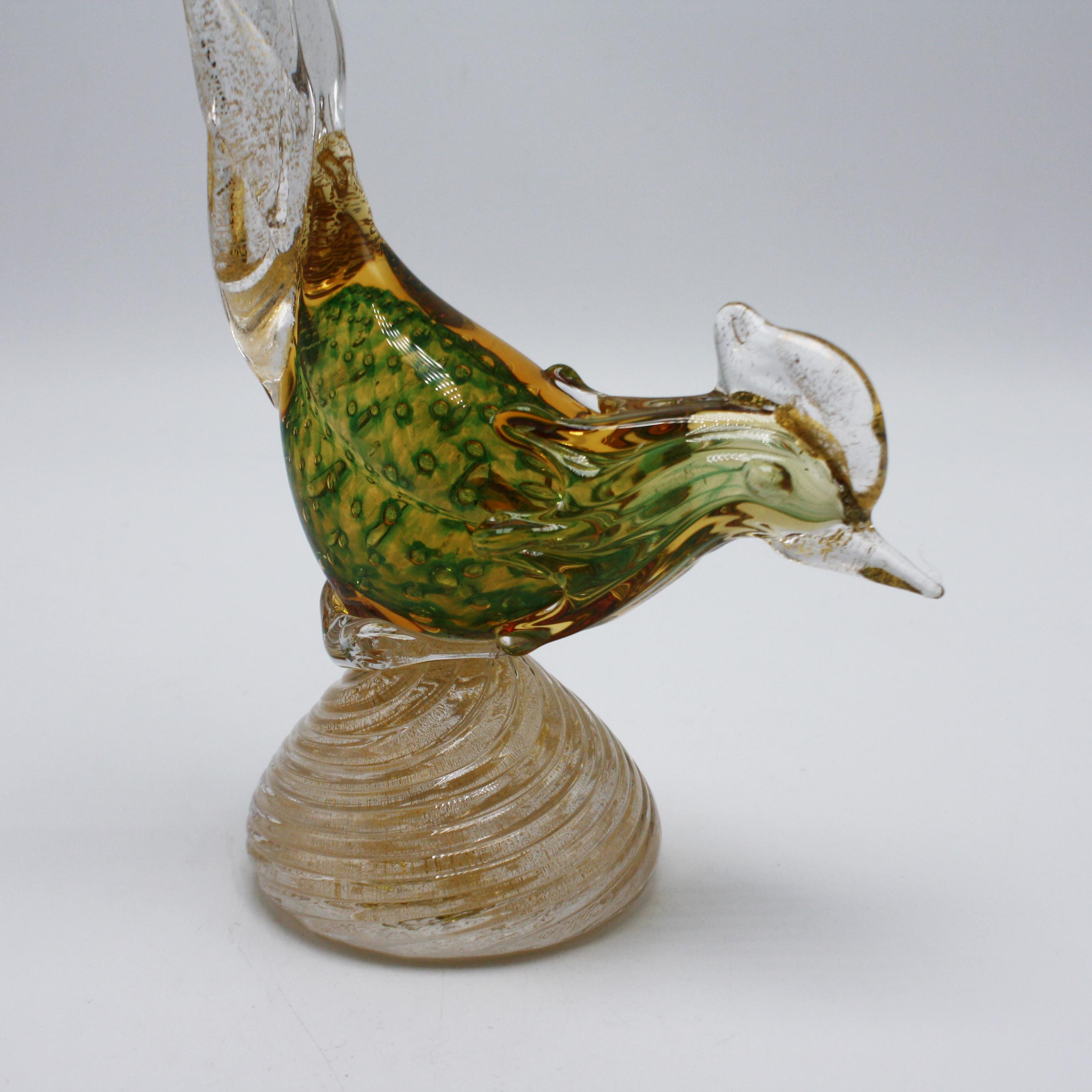 Green Murano pheasant with gold inclusions, circa 1950.