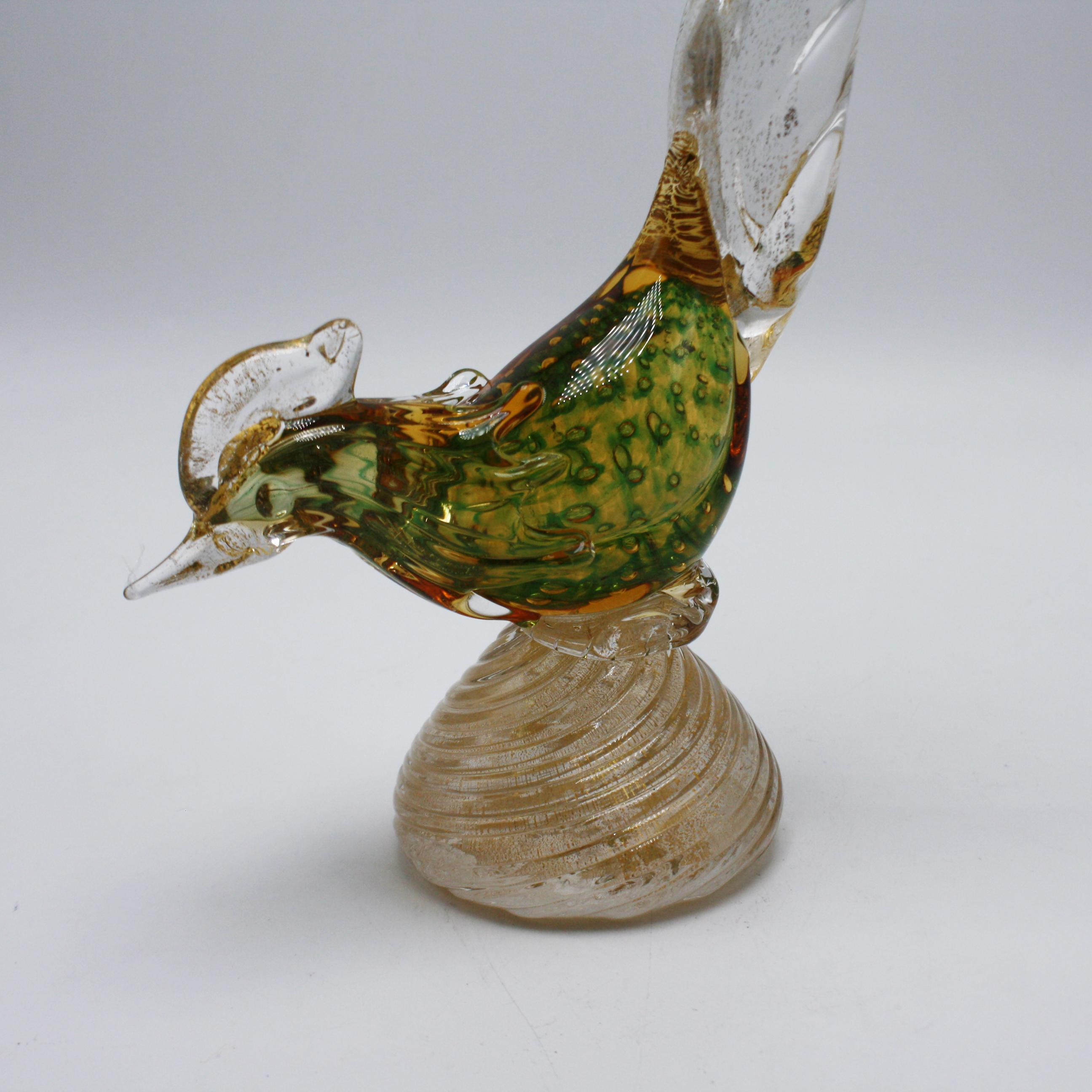 Italian Green Murano Pheasant with Gold Inclusions, circa 1950