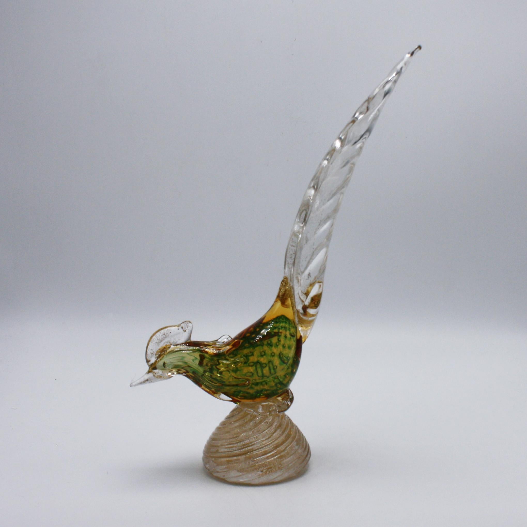 Murano Glass Green Murano Pheasant with Gold Inclusions, circa 1950