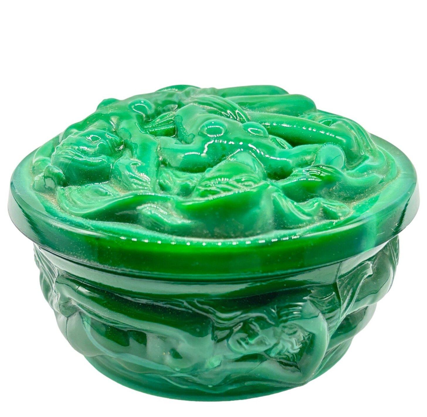 American Green Naiads Glass Bonbonniere W/ Bacchantes Powder Box by Heinrich Hoffmann For Sale