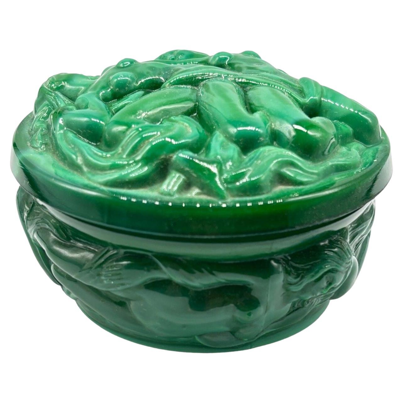 Green Naiads Glass Bonbonniere W/ Bacchantes Powder Box by Heinrich Hoffmann For Sale