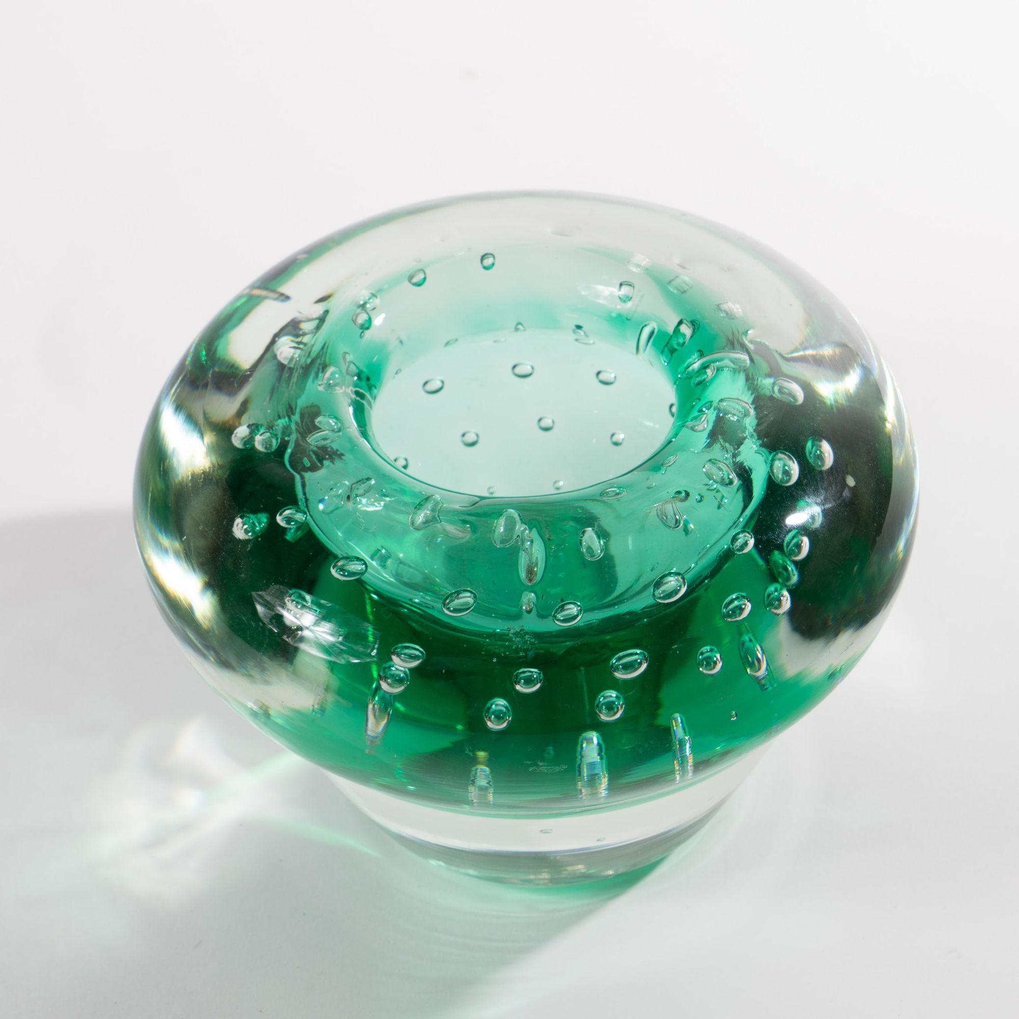Mouth blown nailsea green cased glass bowl with characteristic bubble pattern.