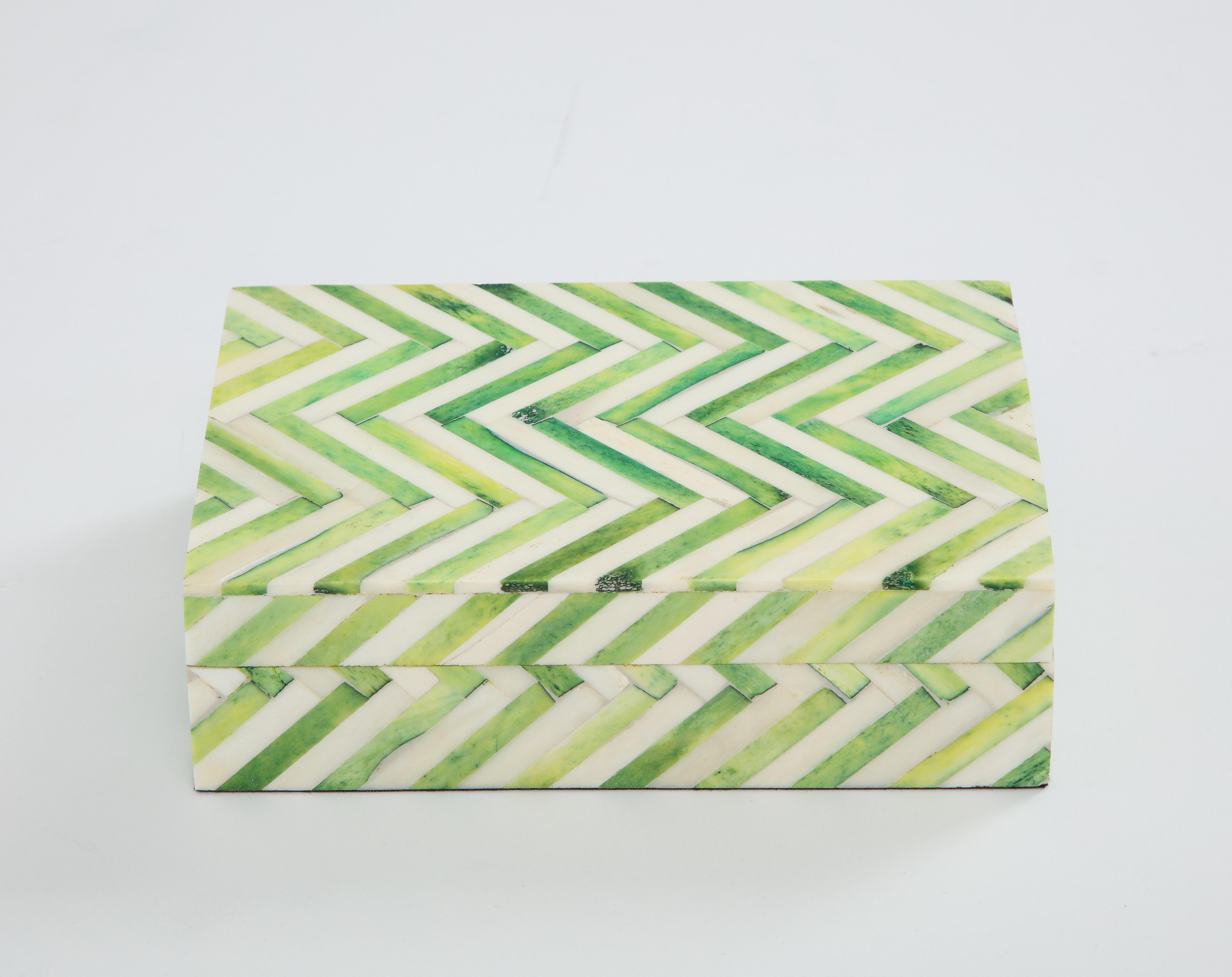 Handcrafted dyed grass green and natural bone keepsake box lined in wood.