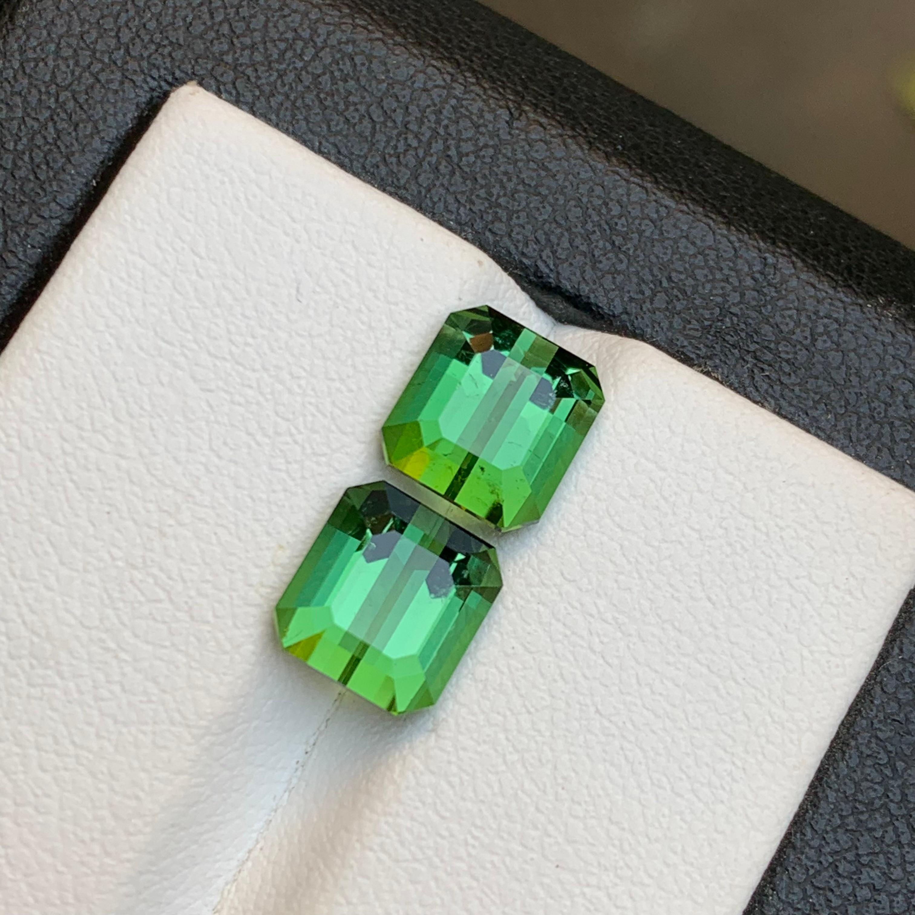 Green Natural Tourmaline Earrings Loose Gemstone Pair Set 5.60 Carat Emerald Cut For Sale 6