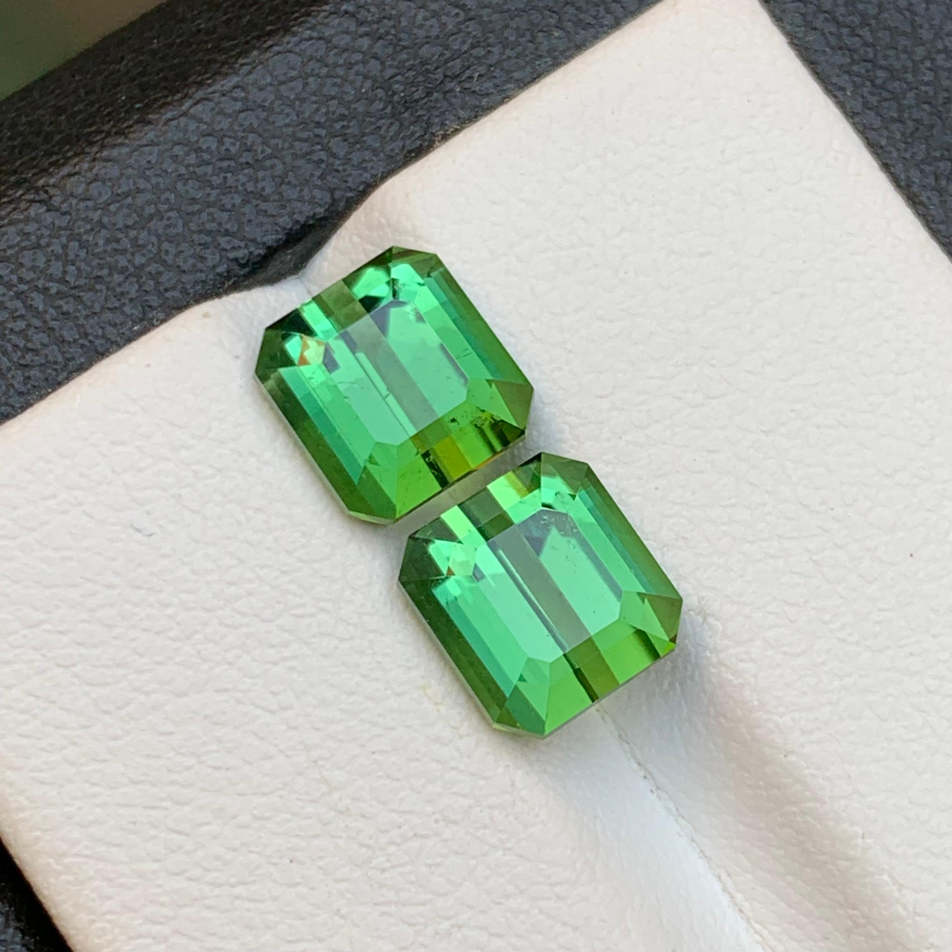 Contemporary Green Natural Tourmaline Earrings Loose Gemstone Pair Set 5.60 Carat Emerald Cut For Sale