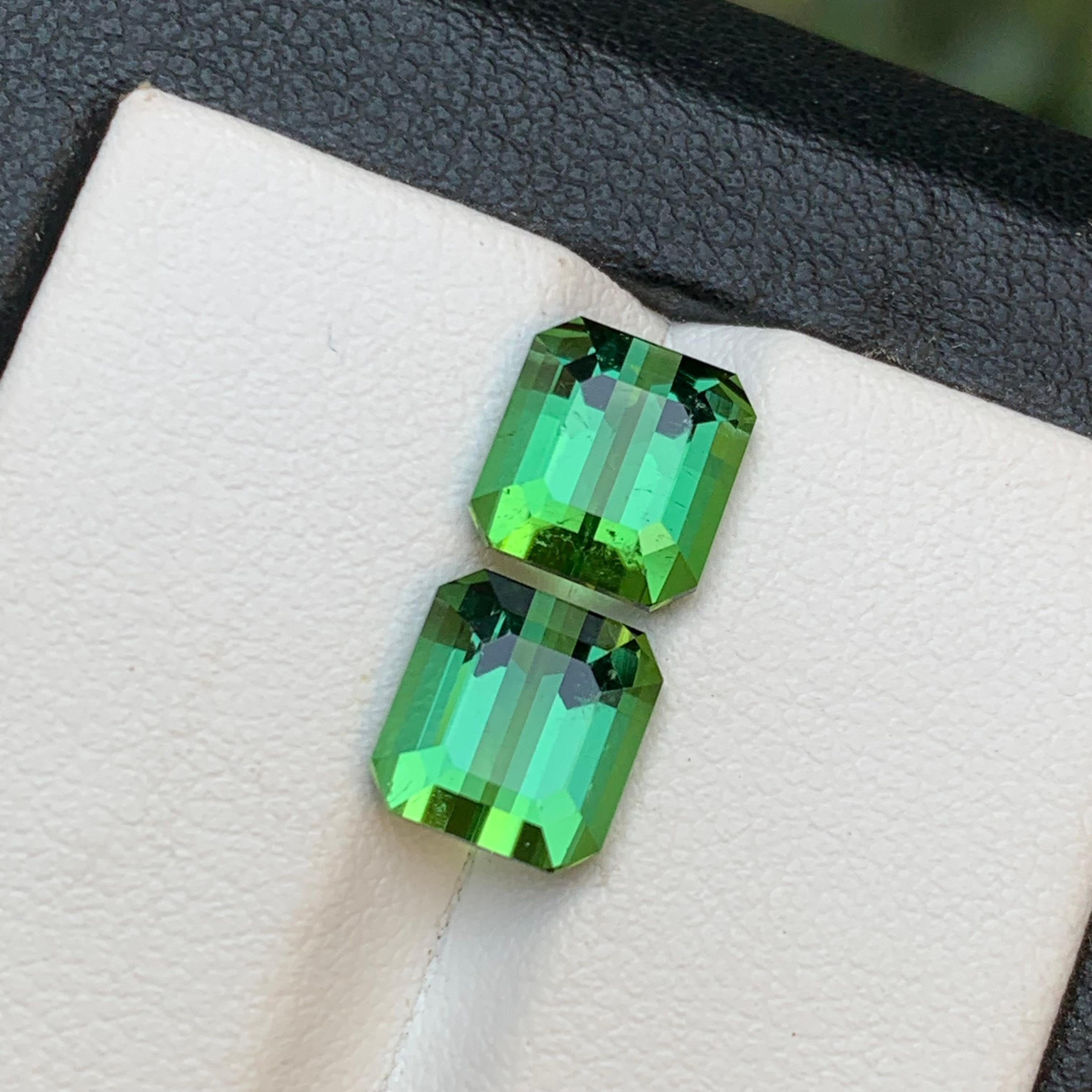 Women's or Men's Green Natural Tourmaline Earrings Loose Gemstone Pair Set 5.60 Carat Emerald Cut For Sale