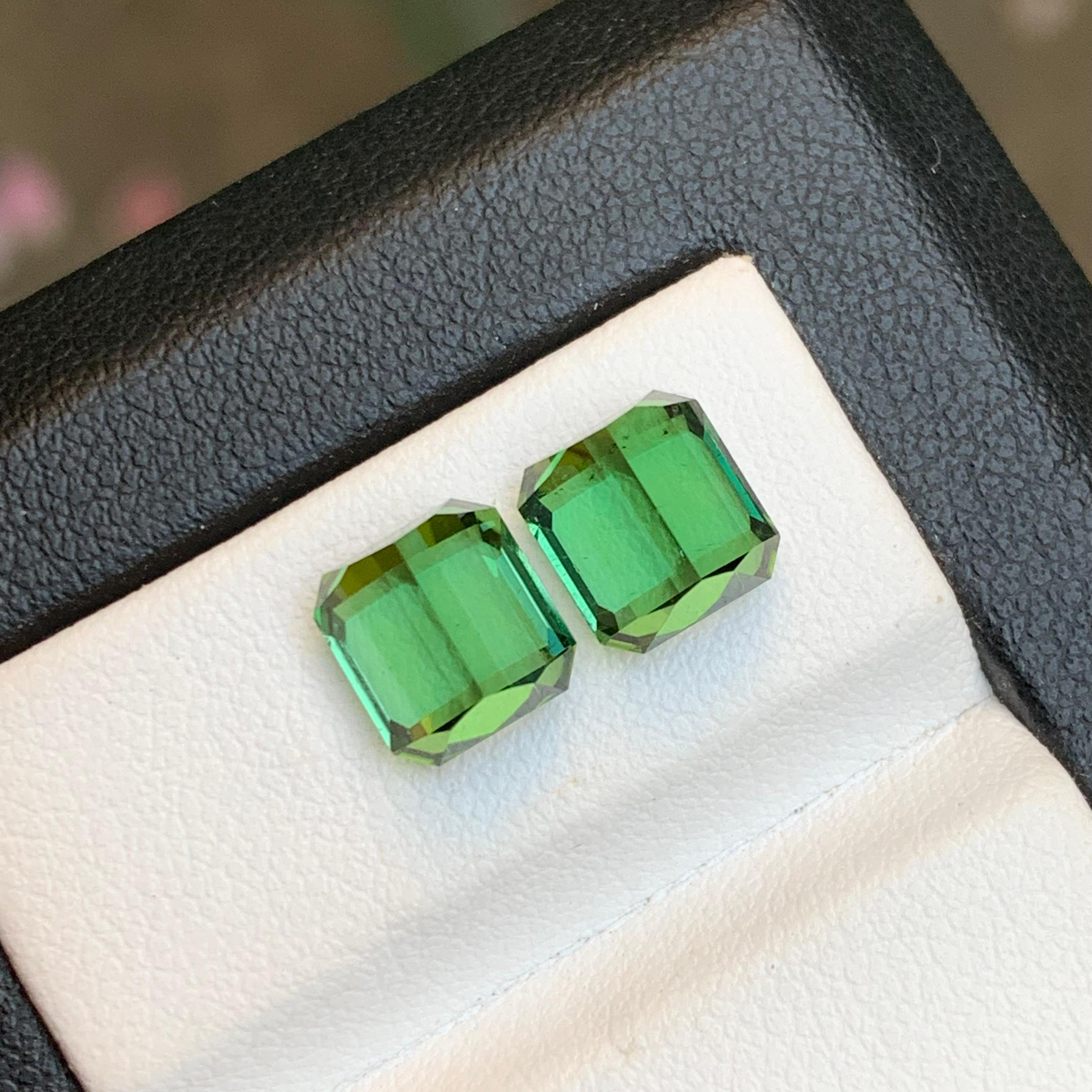 Green Natural Tourmaline Earrings Loose Gemstone Pair Set 5.60 Carat Emerald Cut For Sale 1