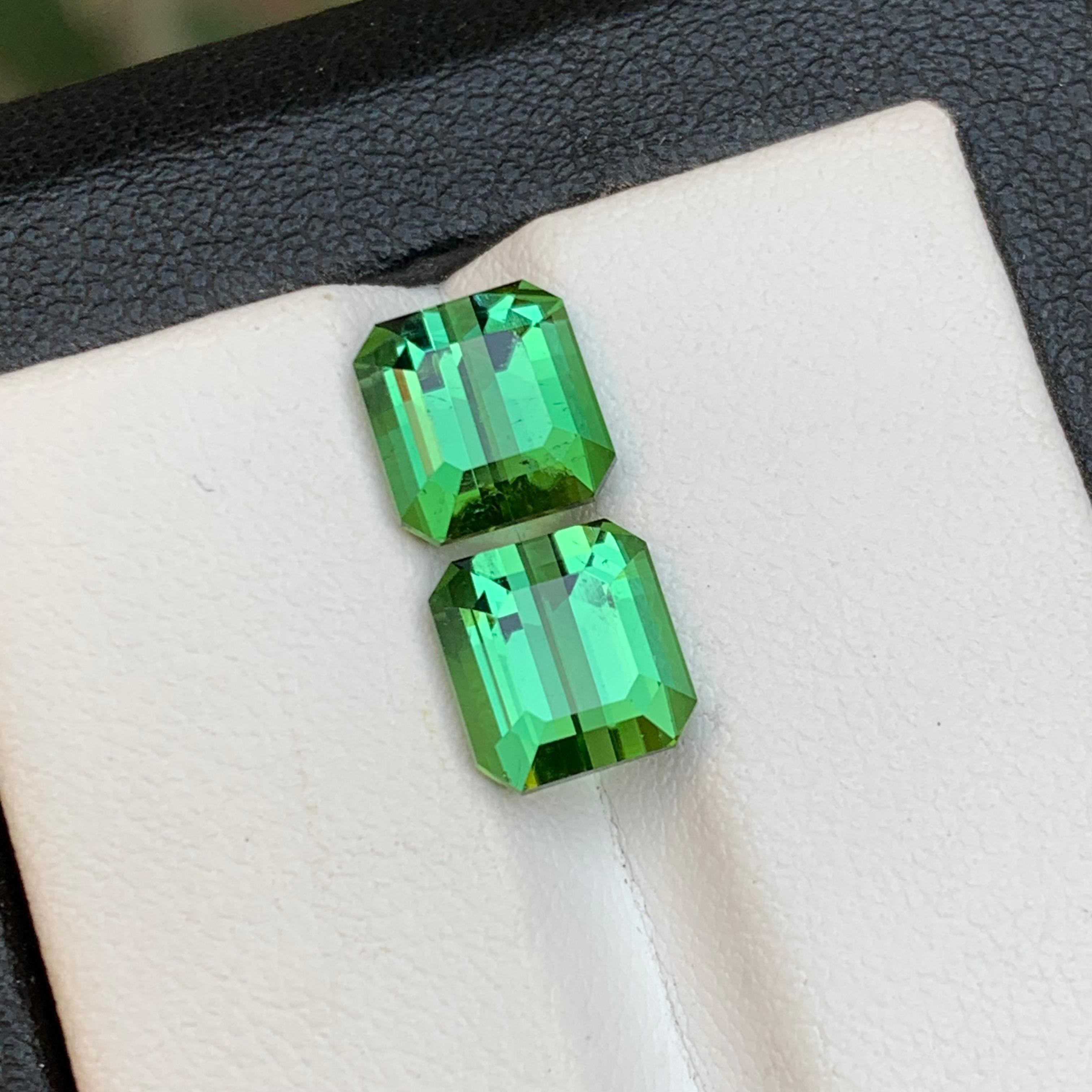 Green Natural Tourmaline Earrings Loose Gemstone Pair Set 5.60 Carat Emerald Cut For Sale 2