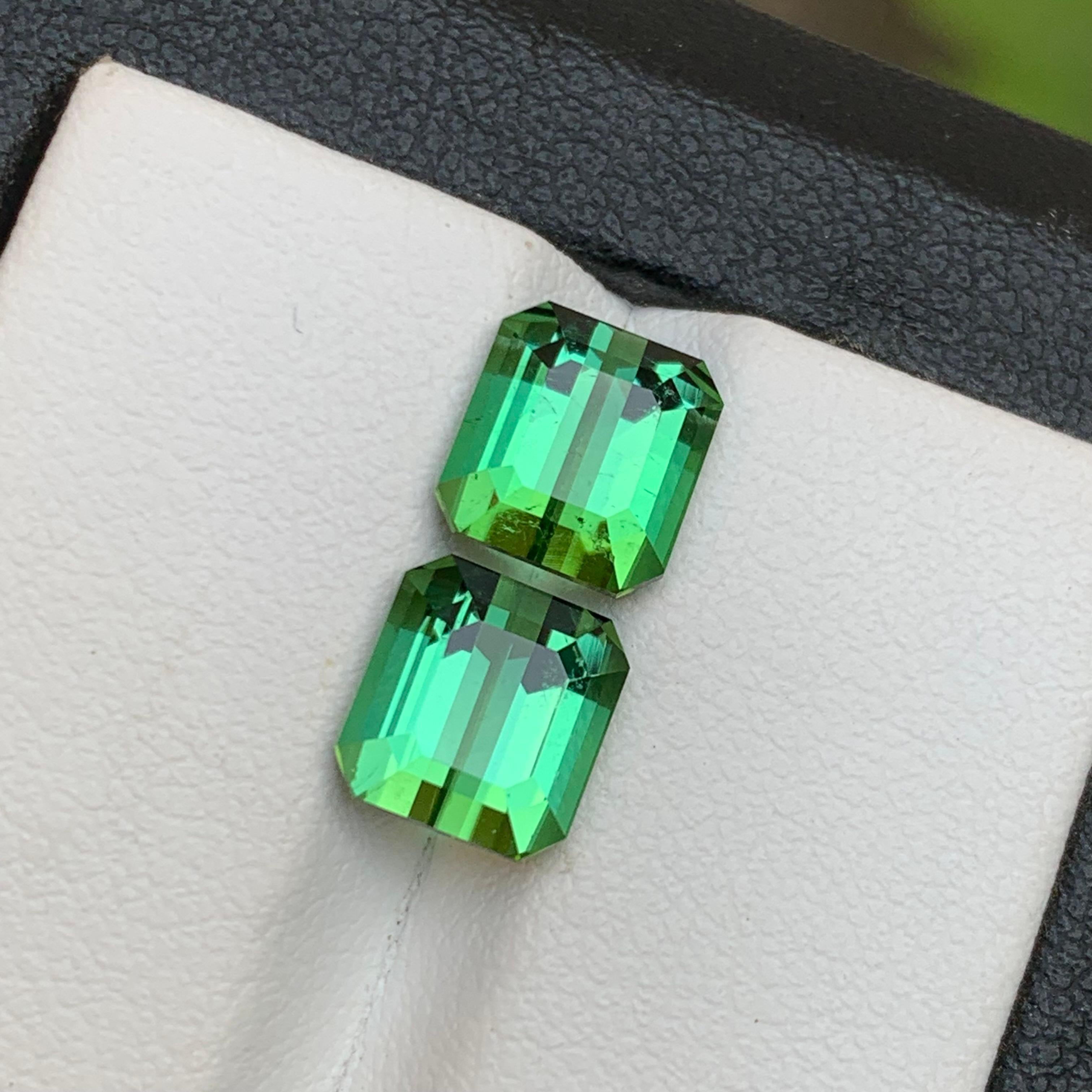 Green Natural Tourmaline Earrings Loose Gemstone Pair Set 5.60 Carat Emerald Cut For Sale 4