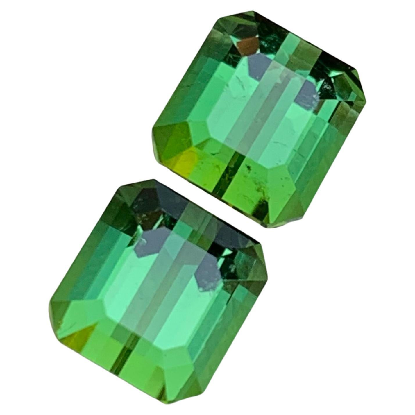 Green Natural Tourmaline Earrings Loose Gemstone Pair Set 5.60 Carat Emerald Cut For Sale