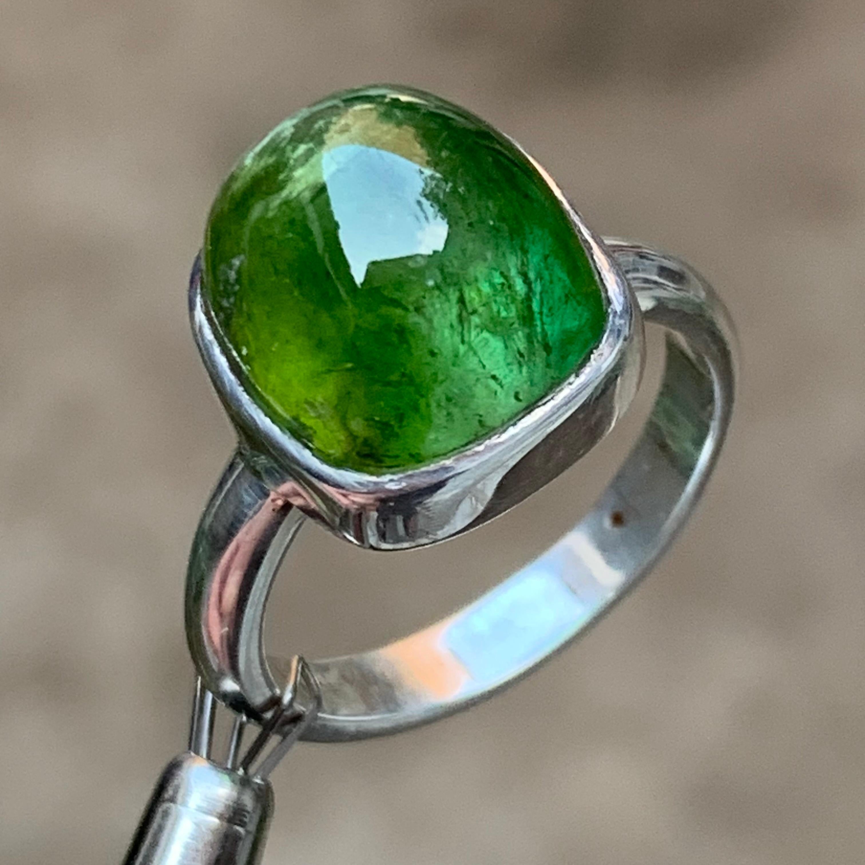 Cabochon Green Natural Tourmaline Gemstone 925 Sterling Silver Handmade Cocktail Ring