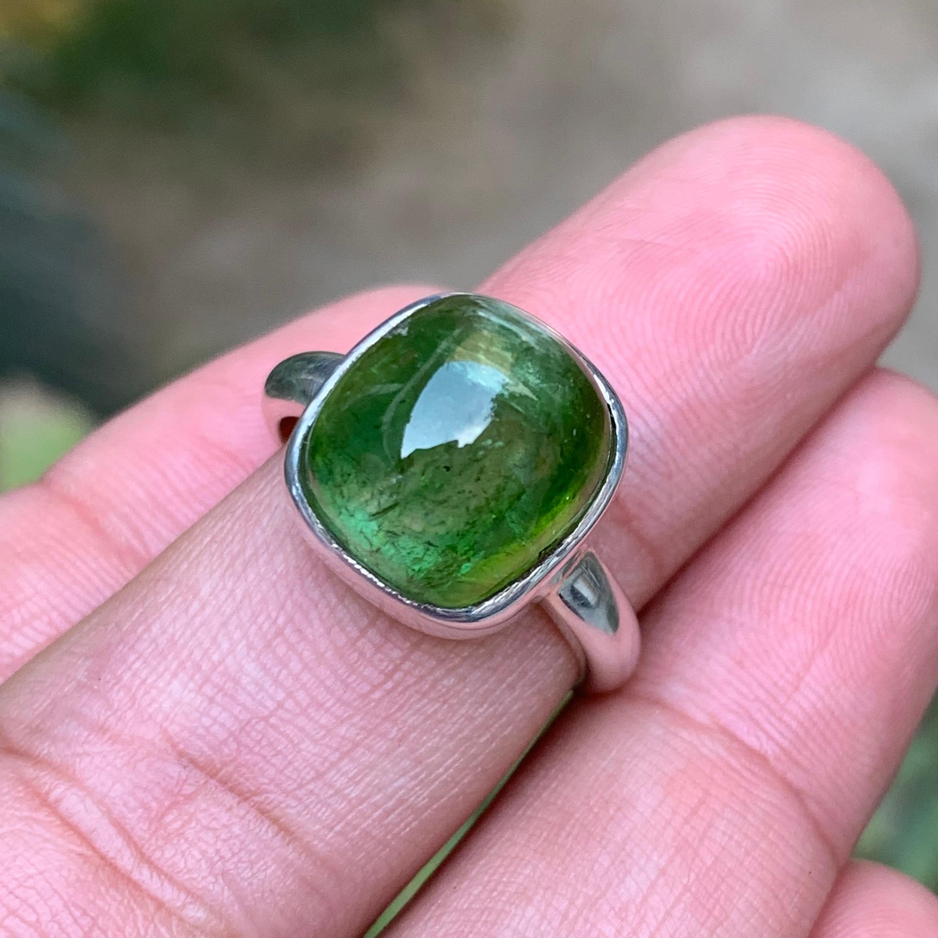 Women's or Men's Green Natural Tourmaline Gemstone 925 Sterling Silver Handmade Cocktail Ring