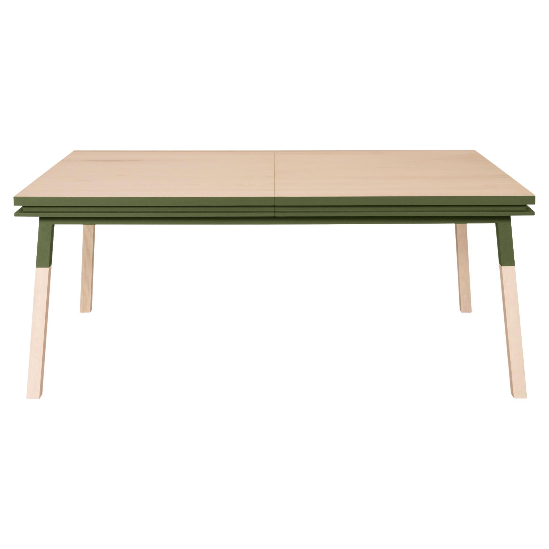 Green & natural wood extensible dining table in solid wood, design E. Gizard For Sale