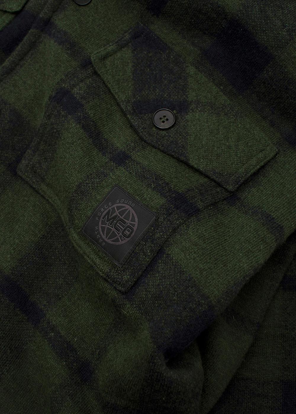 Black Green & Navy Plaid Wool Flannel Overshirt For Sale