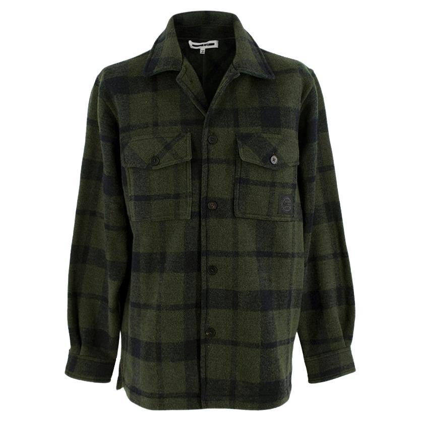 Green & Navy Plaid Wool Flannel Overshirt For Sale