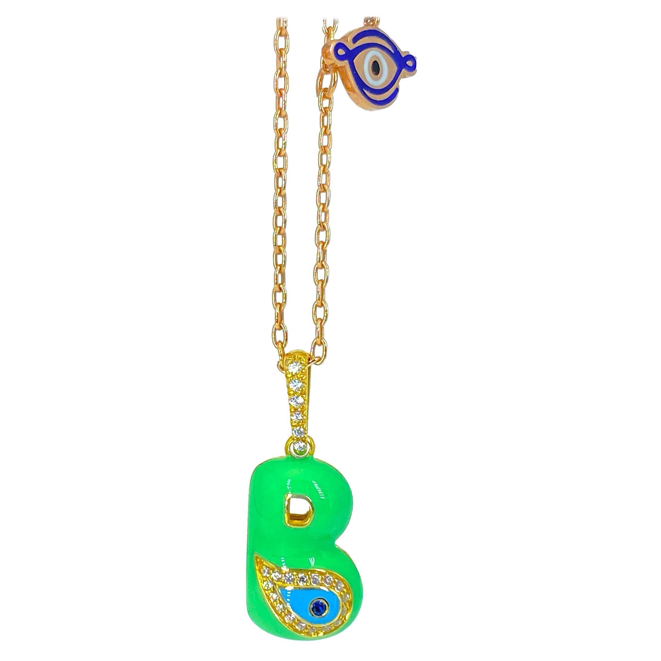 Green Neon Blaze Evil Eye ID B Initial Diamond 14K Yellow Gold Charm Necklace For Sale