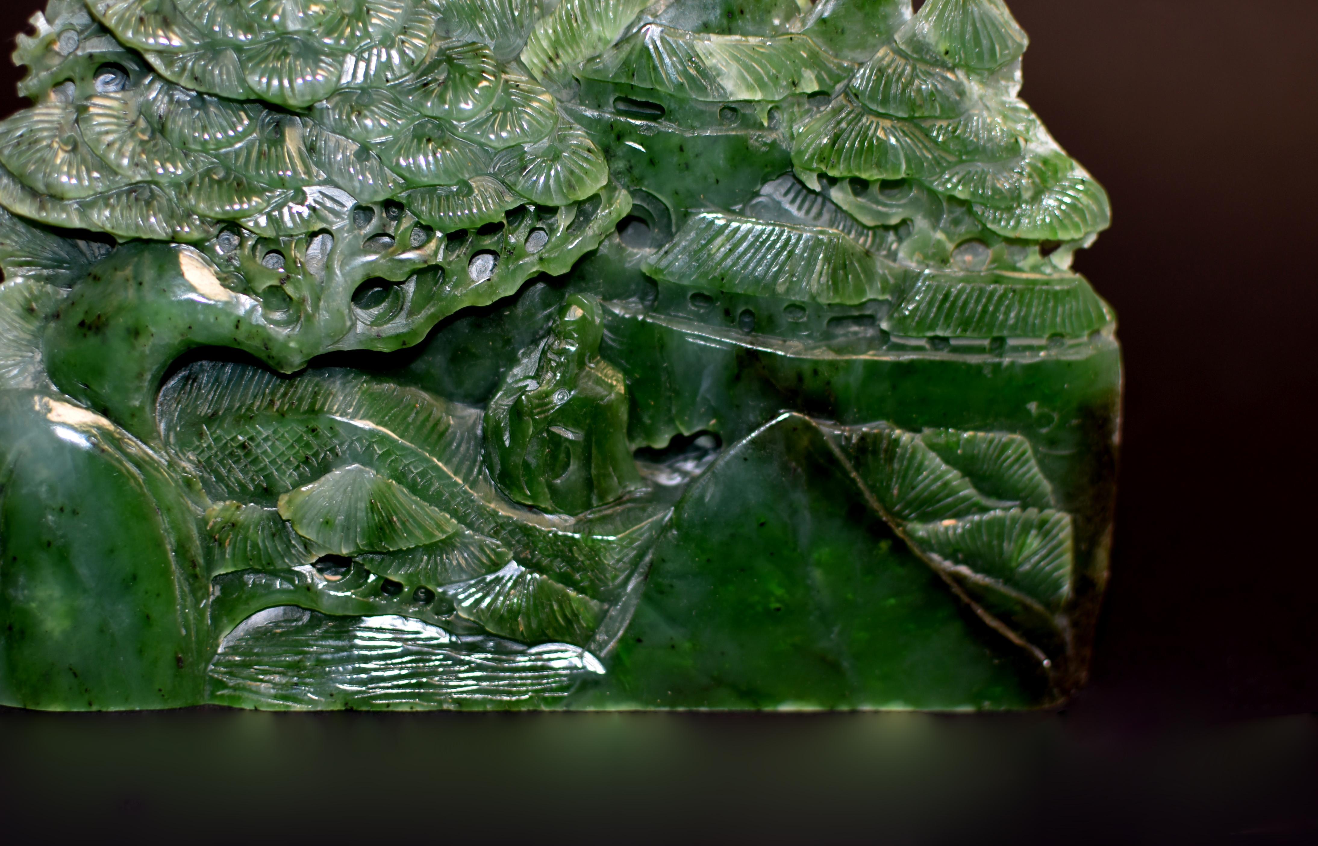 Green Nephrite Jade Carved Statue Mountain Scene 2