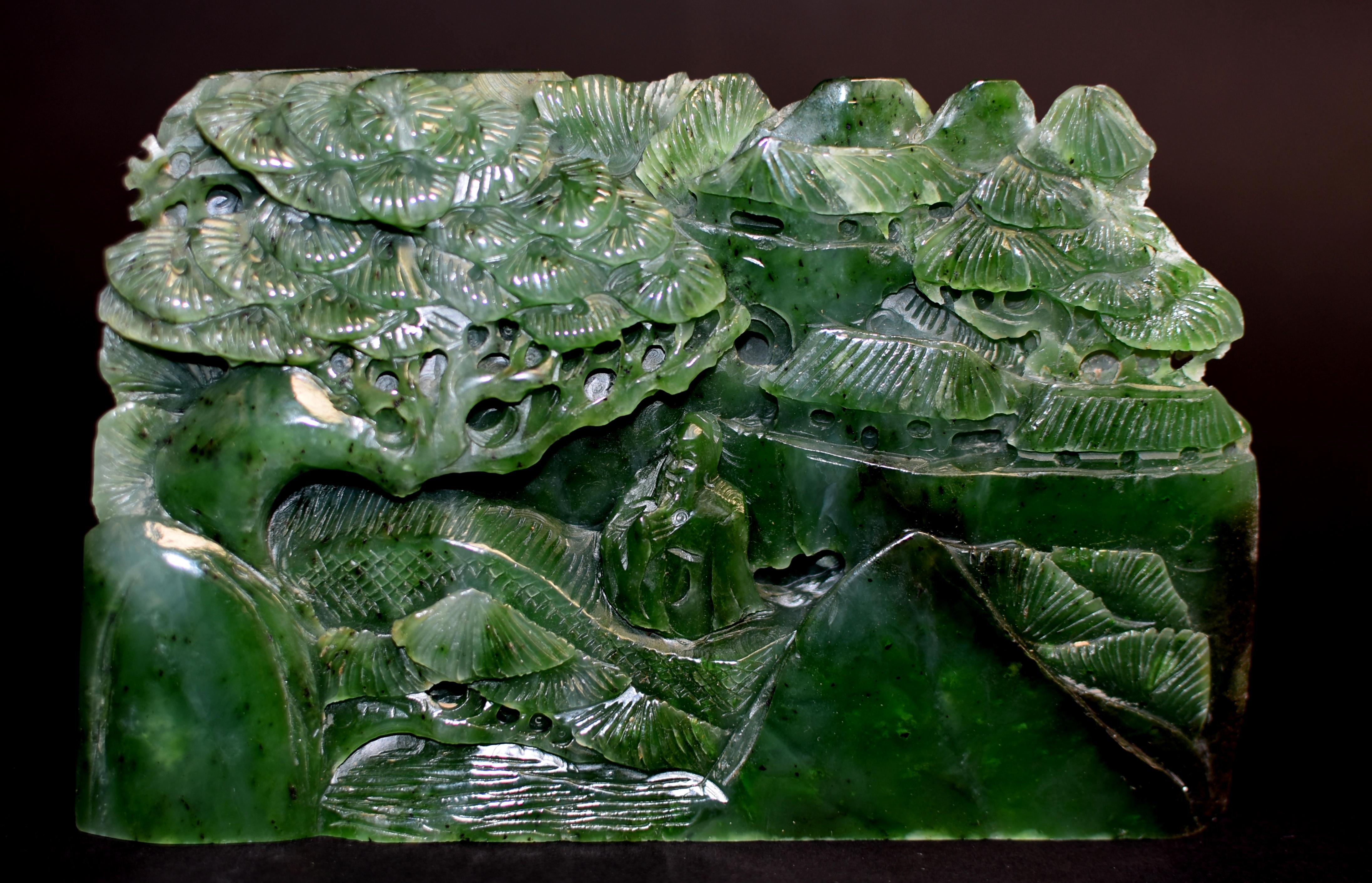 Green Nephrite Jade Carved Statue Mountain Scene 3