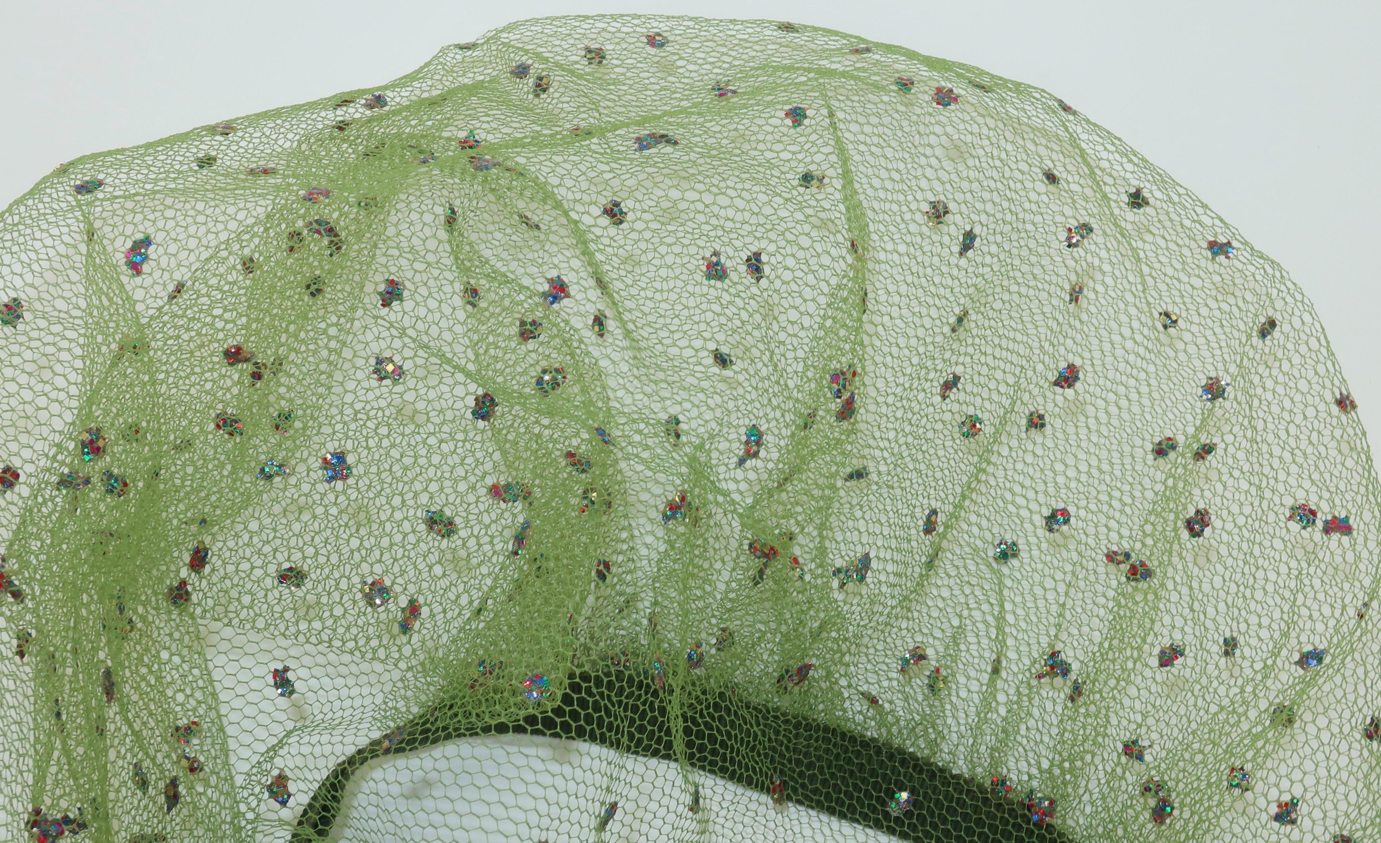 Green Net Head Scarf With Multi Color Glitter, 1950's 2