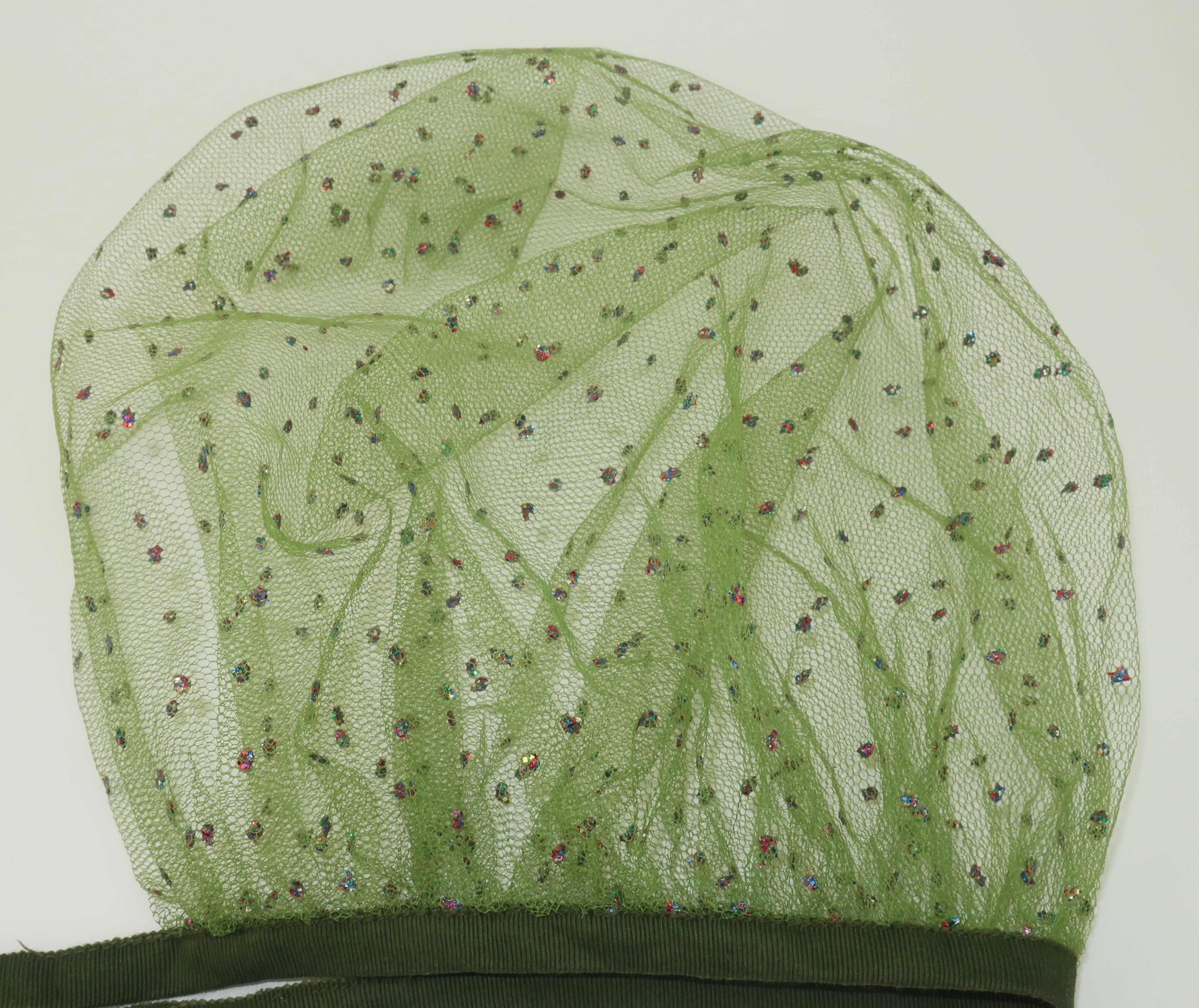 Green Net Head Scarf With Multi Color Glitter, 1950's 3